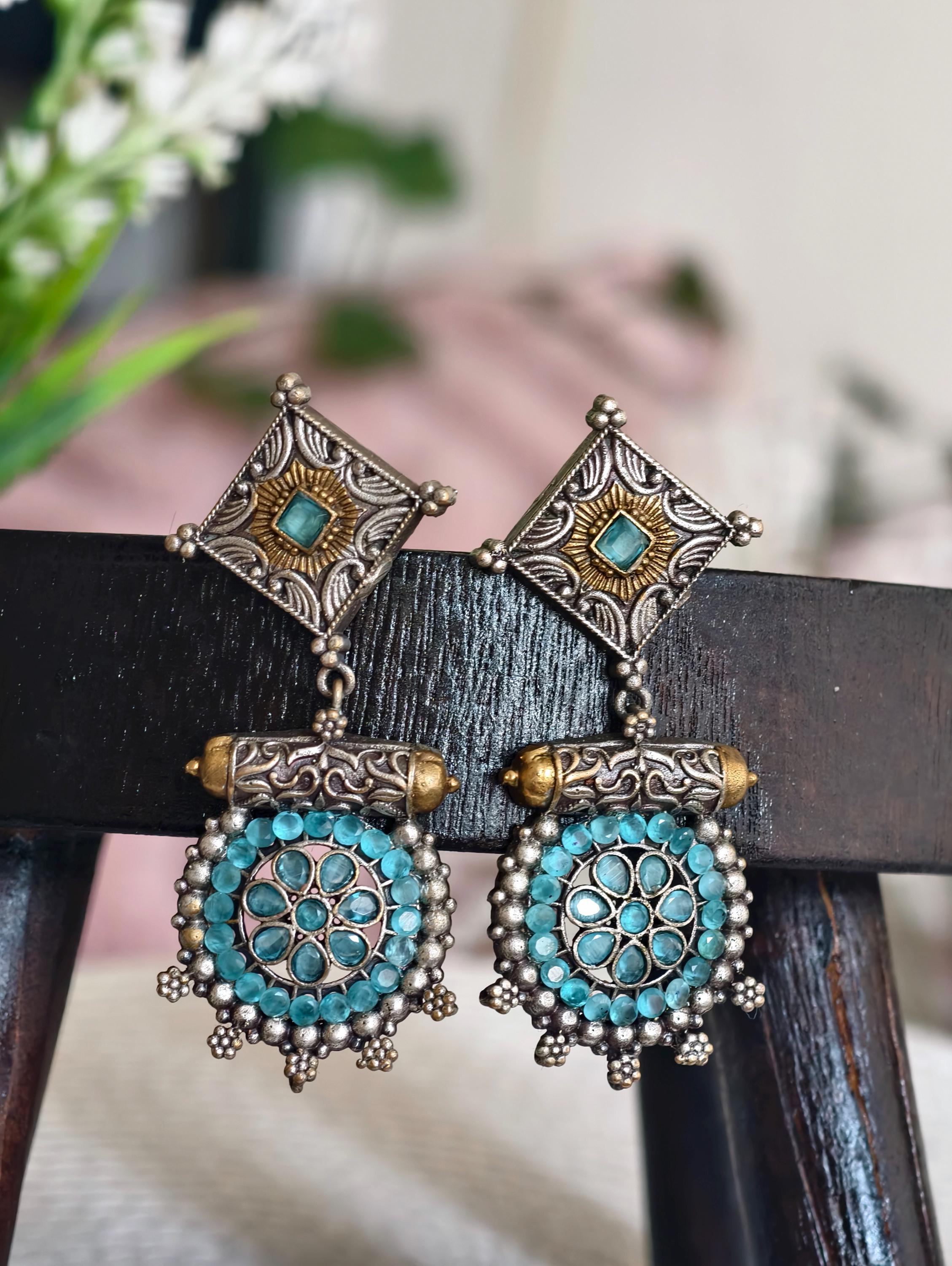Silver Replica Earrings: Classy Indian Jewelry, Sky Blue Accent