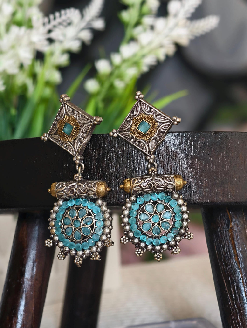 Silver Replica Earrings: Classy Indian Jewelry, Sky Blue Accent