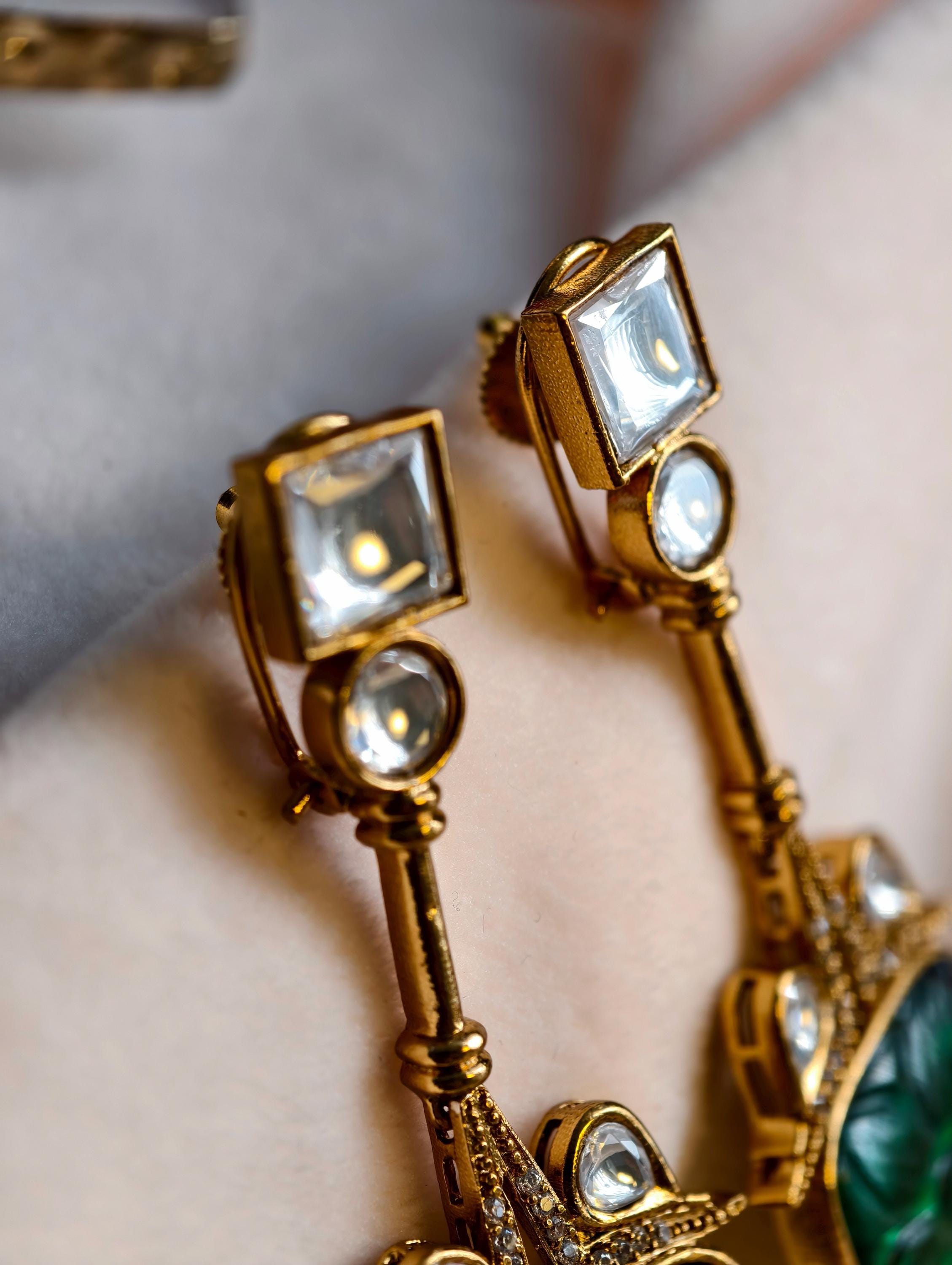 Emerald Green Kundan Earrings | Gold Plated Indo Western Jewelry