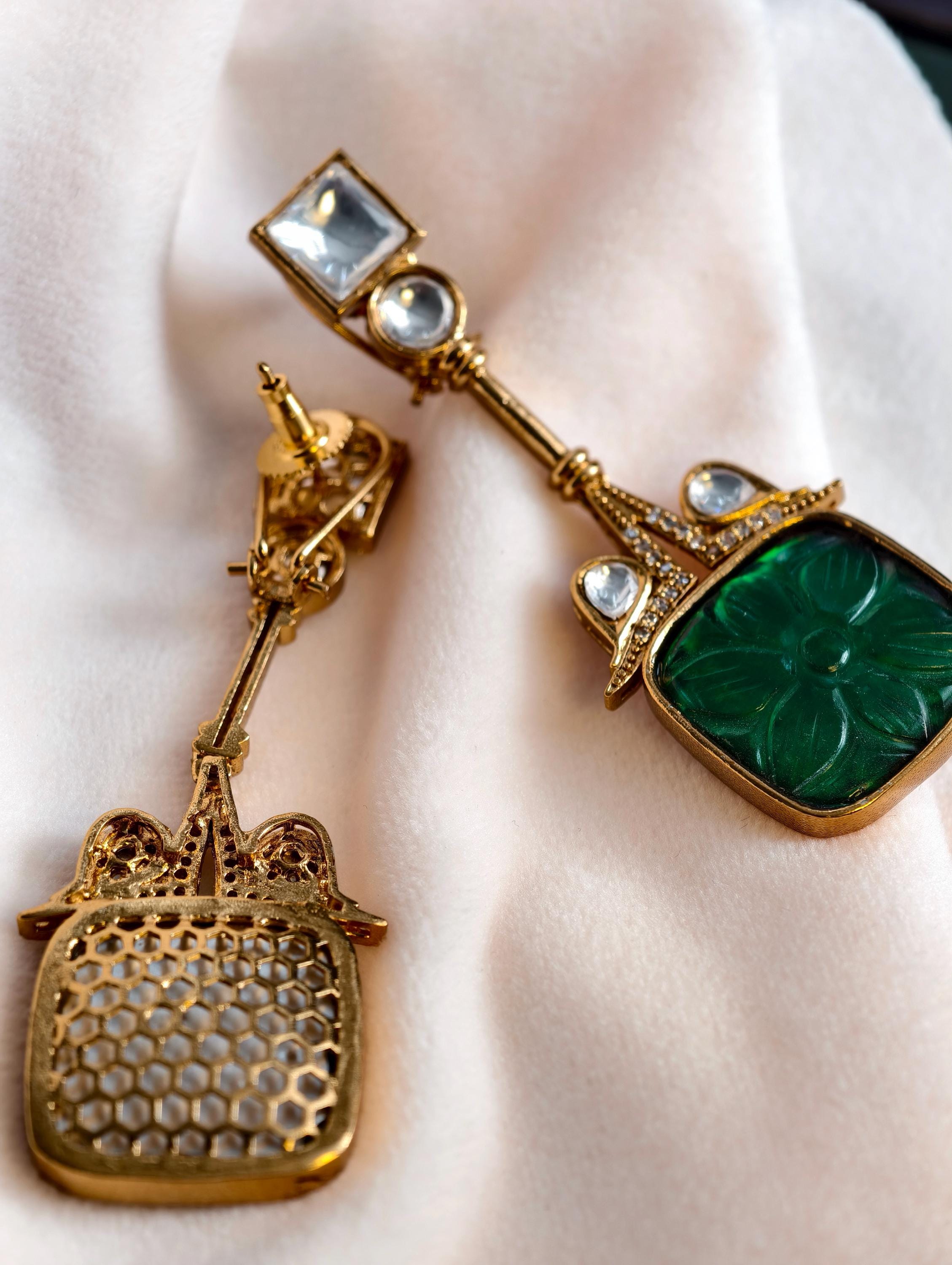 Emerald Green Kundan Earrings | Gold Plated Indo Western Jewelry