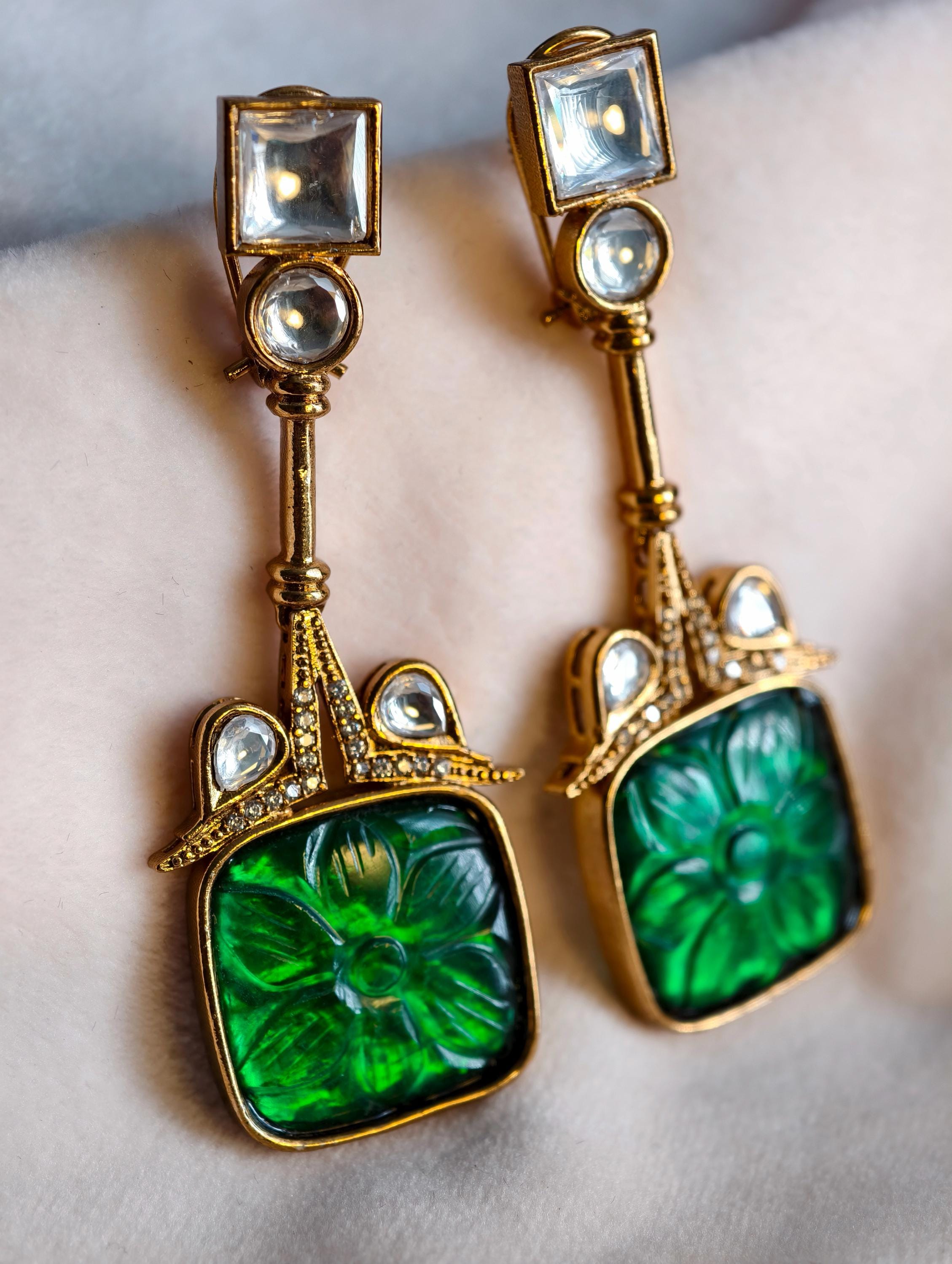 Emerald Green Kundan Earrings | Gold Plated Indo Western Jewelry