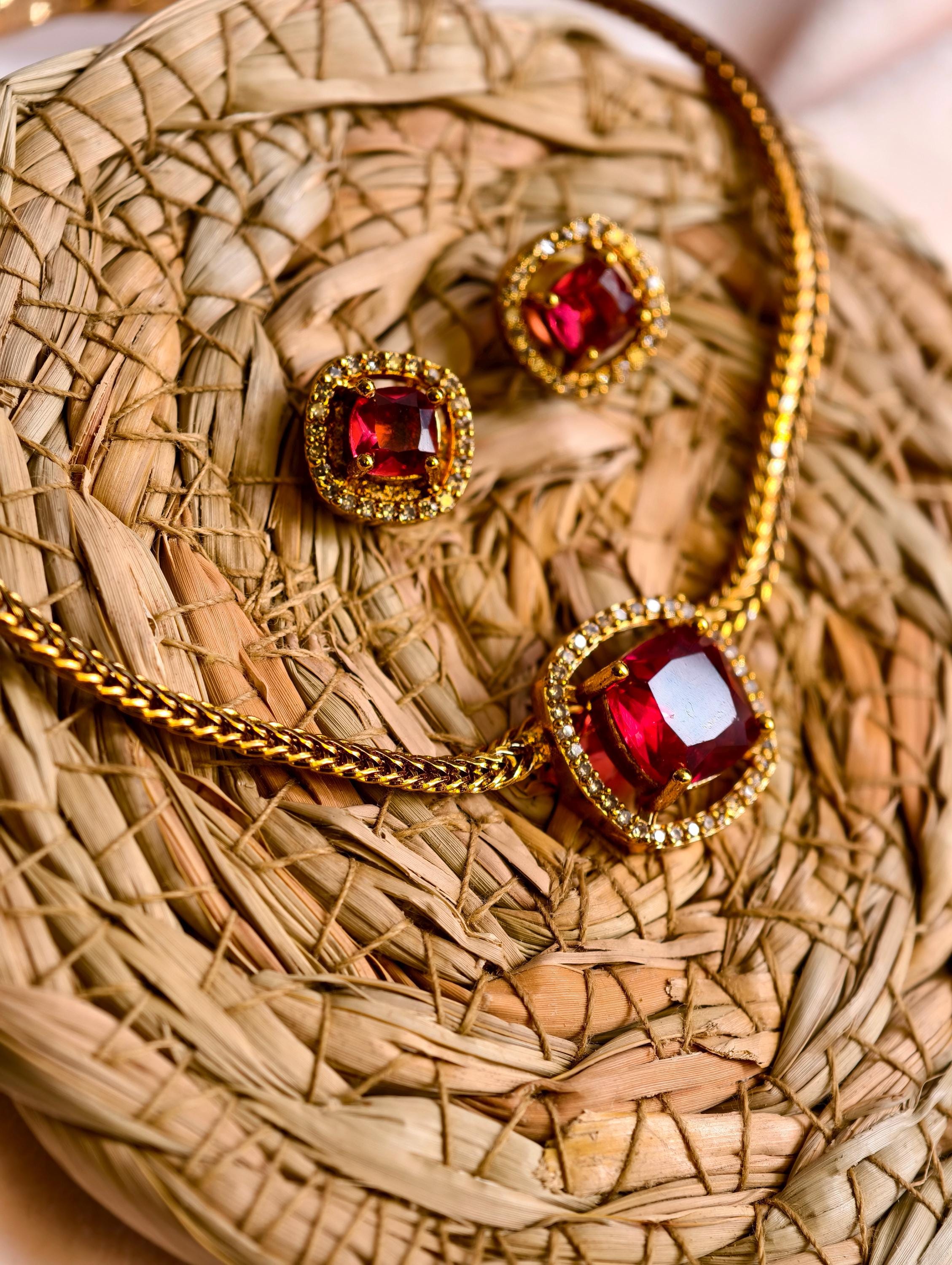 Ruby Red Jewelry Set | Gold Plated Necklace and Stud Earrings