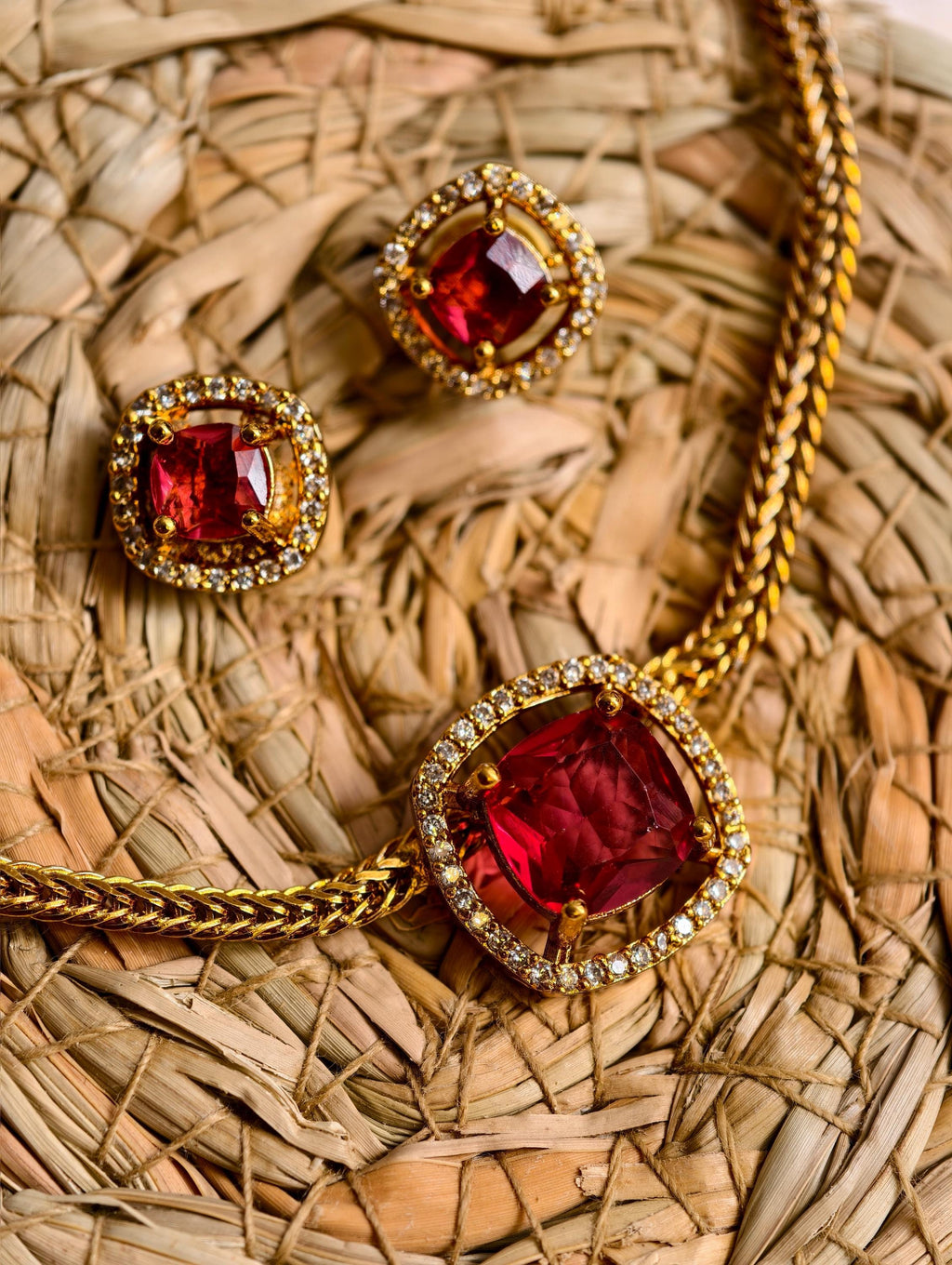 Ruby Red Jewelry Set | Gold Plated Necklace and Stud Earrings