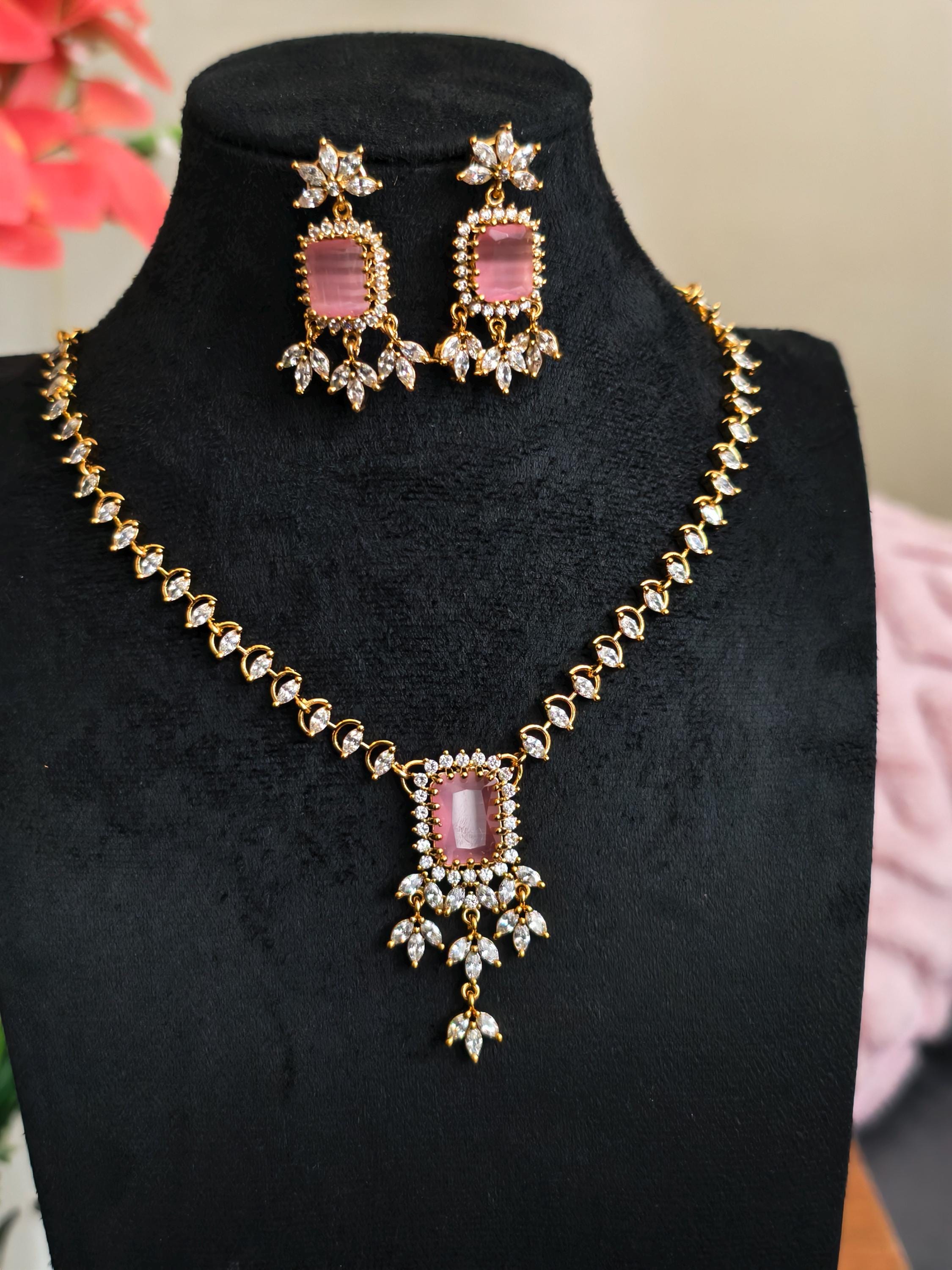 Pink Emerald Cut Necklace & Chandelier Earrings Set  Gold Plated Bridal Jewelry