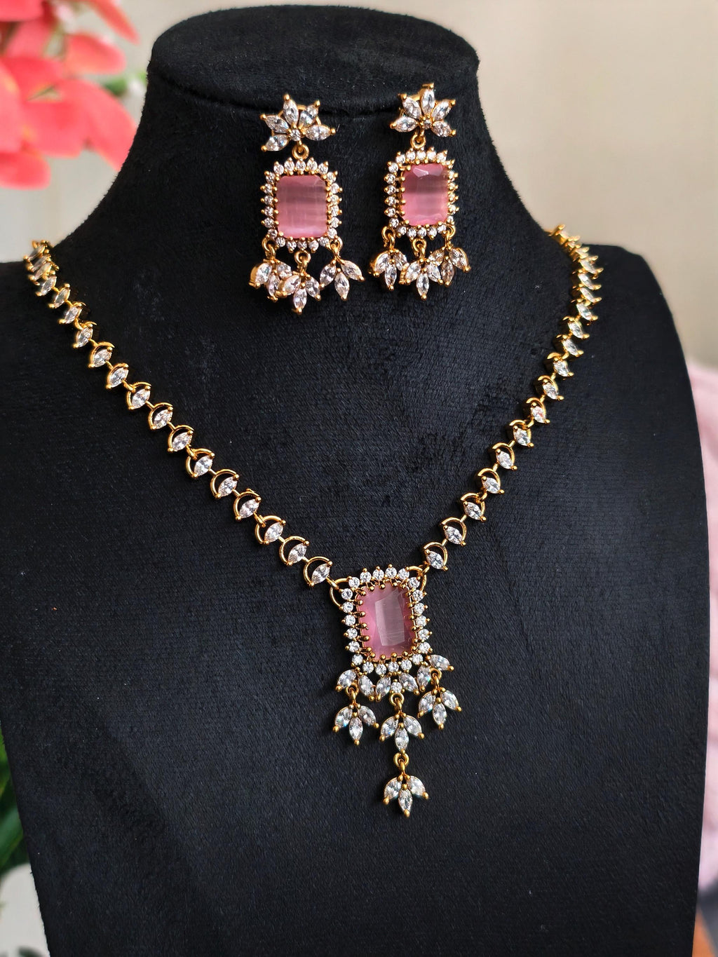 Pink Emerald Cut Necklace & Chandelier Earrings Set  Gold Plated Bridal Jewelry