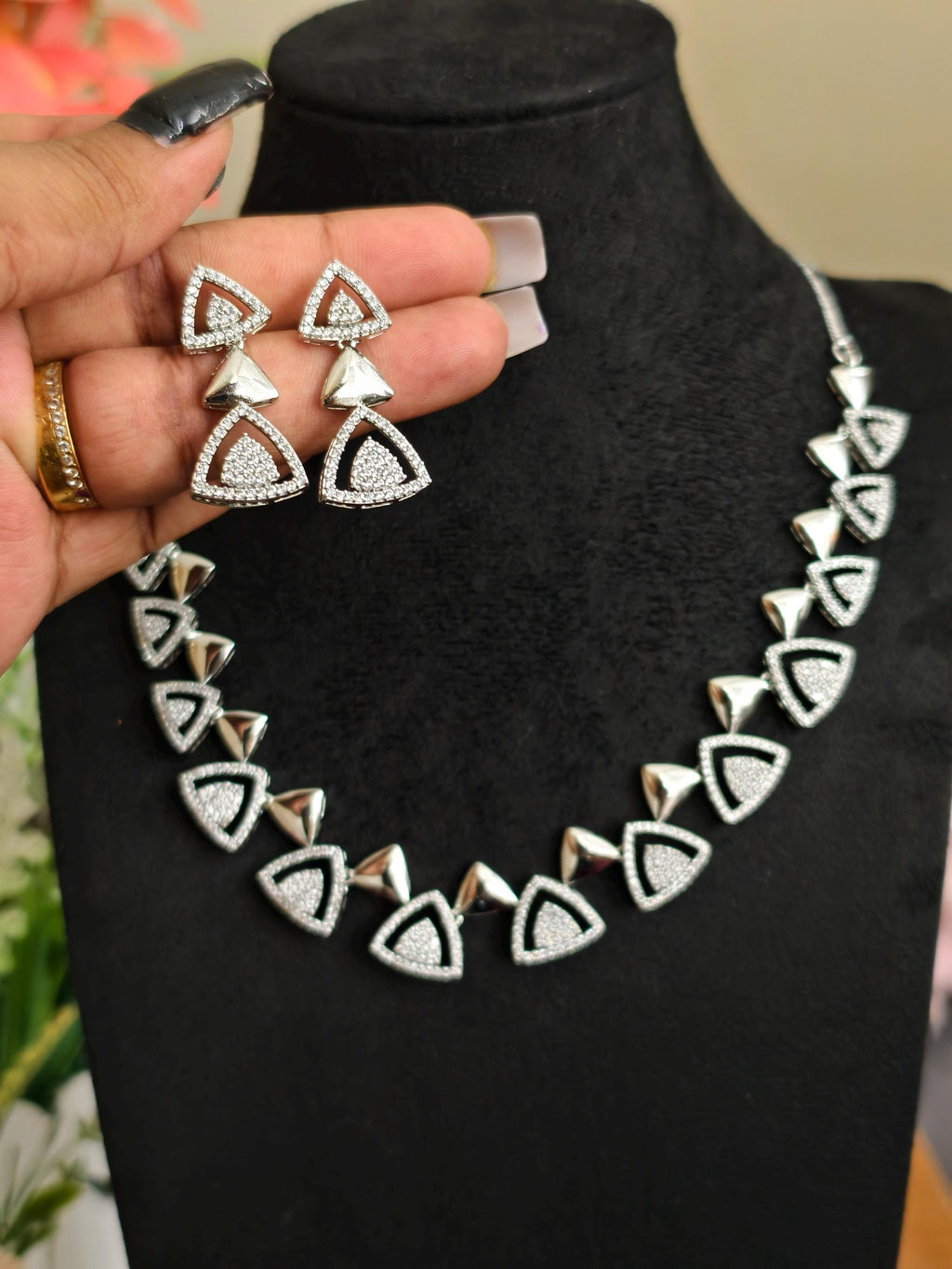Trendy AD Stone Necklace: Silver Plated, White Stone