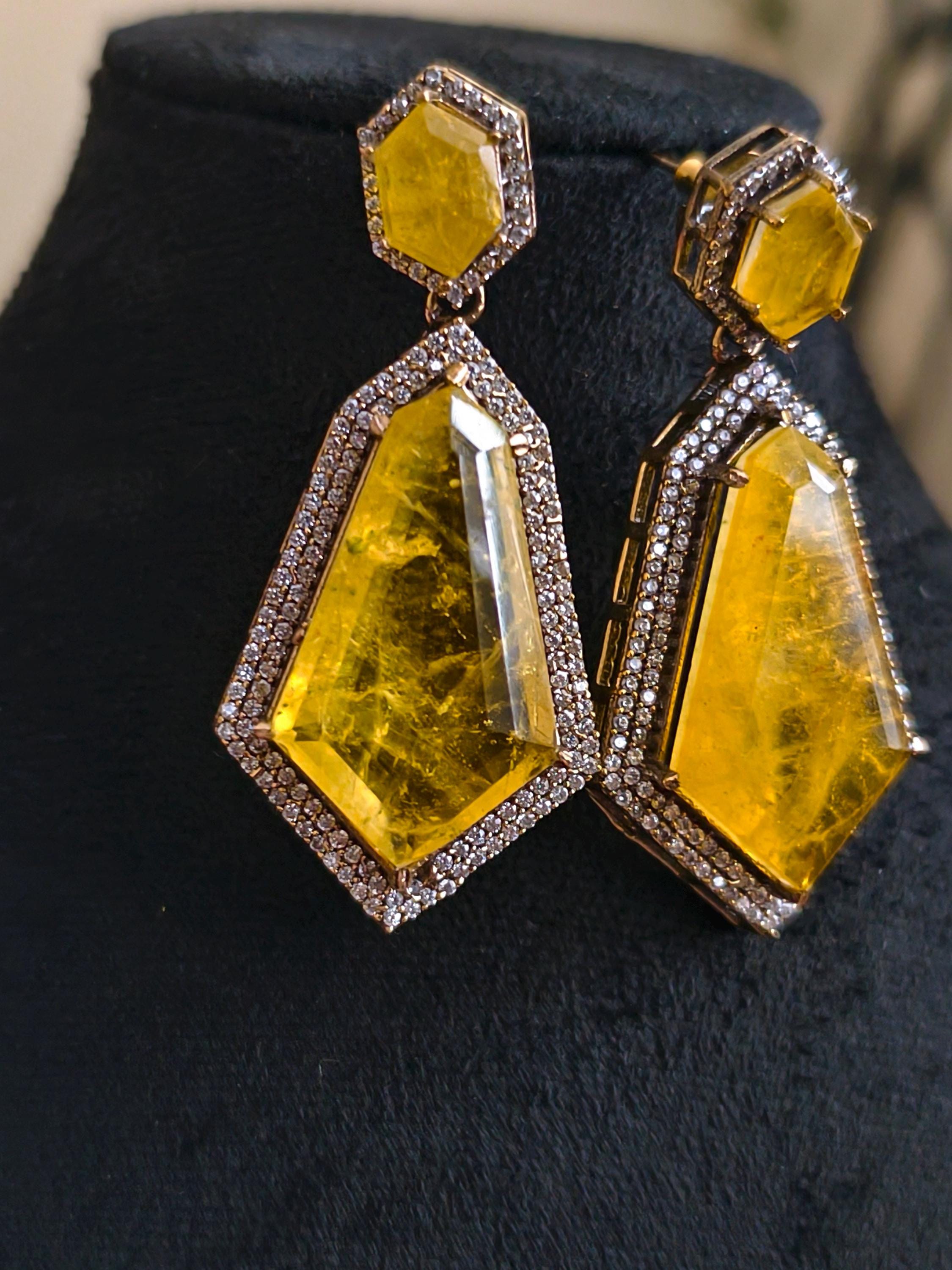 Yellow Gold Geometric Doublet Stone Earrings  Handcrafted Luxury Statement Jewelry  Elegant Wedding