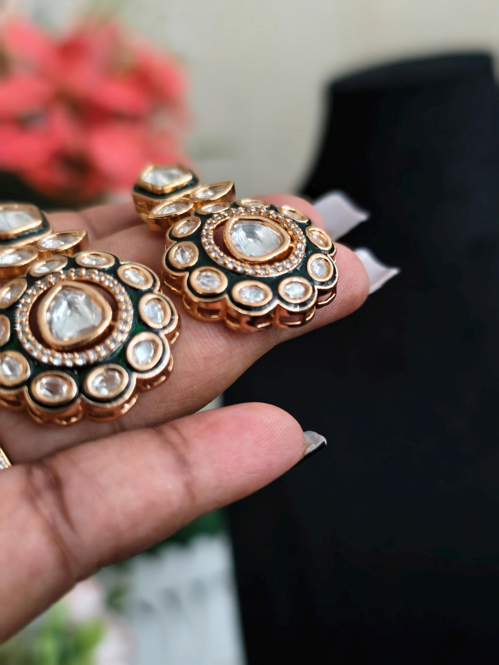 Kundan Statement Earrings: Indian Jewelry, Green & White