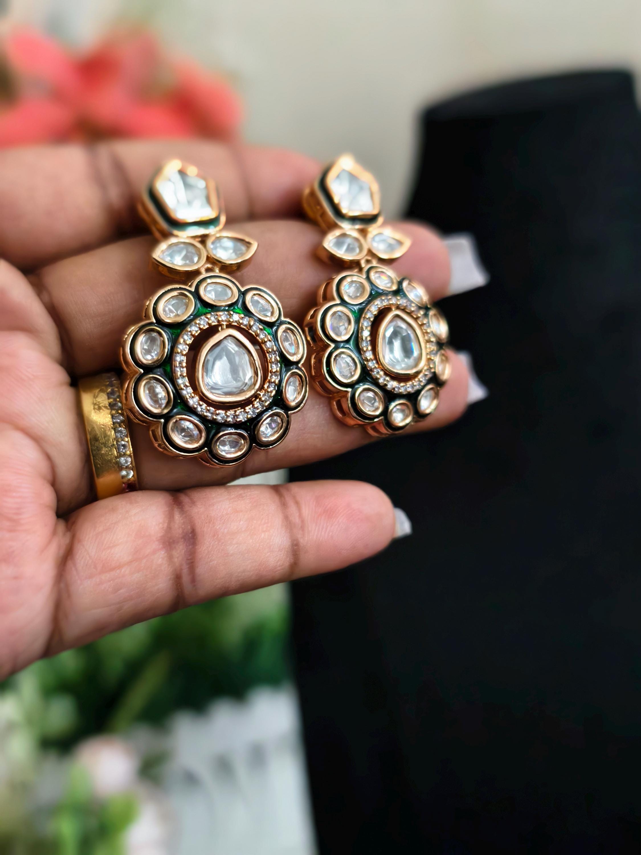 Kundan Statement Earrings: Indian Jewelry, Green & White