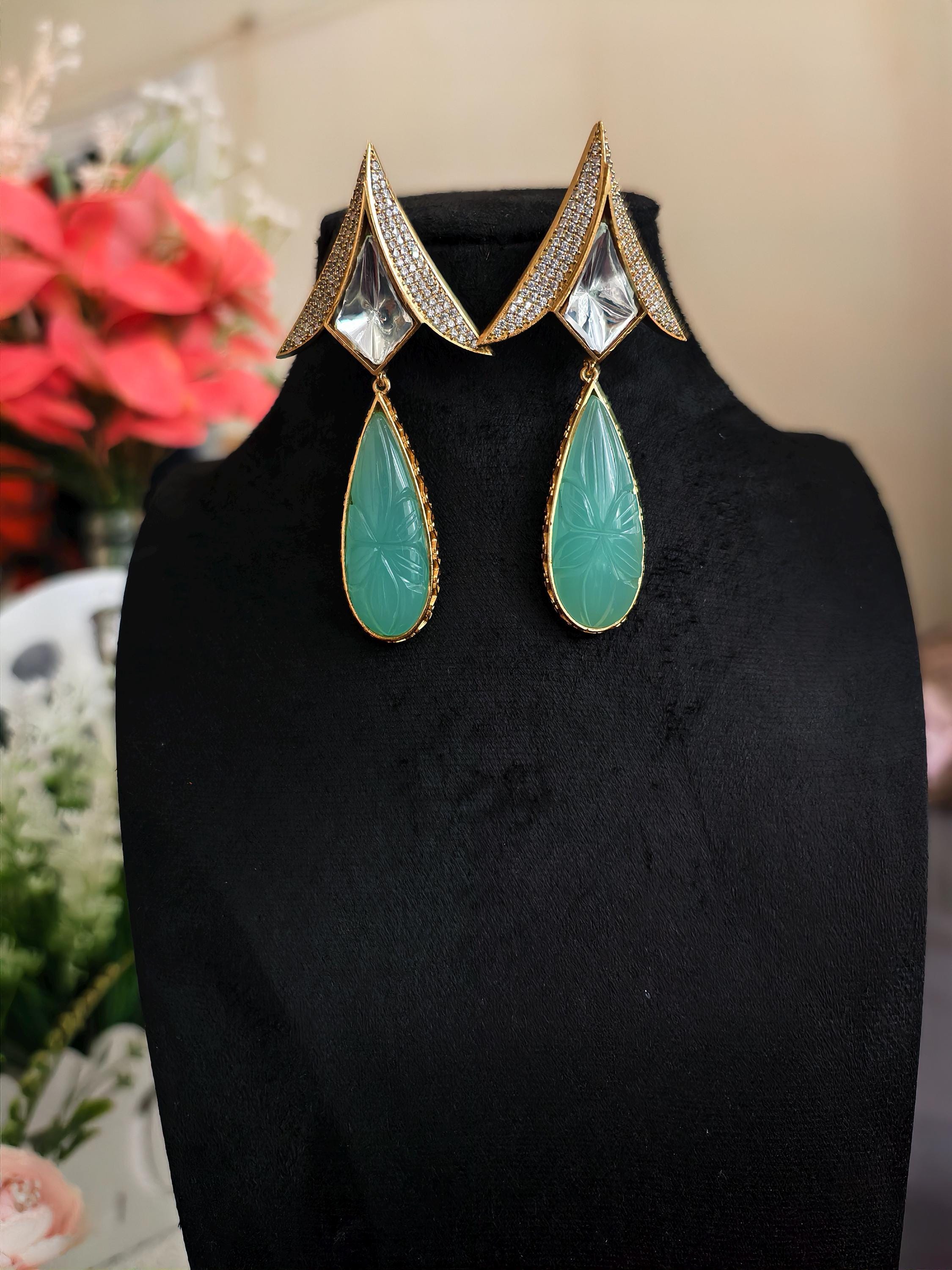 Carved Mint Green Quartz Teardrop Earrings, Art Deco Floral Dangle Jewelry