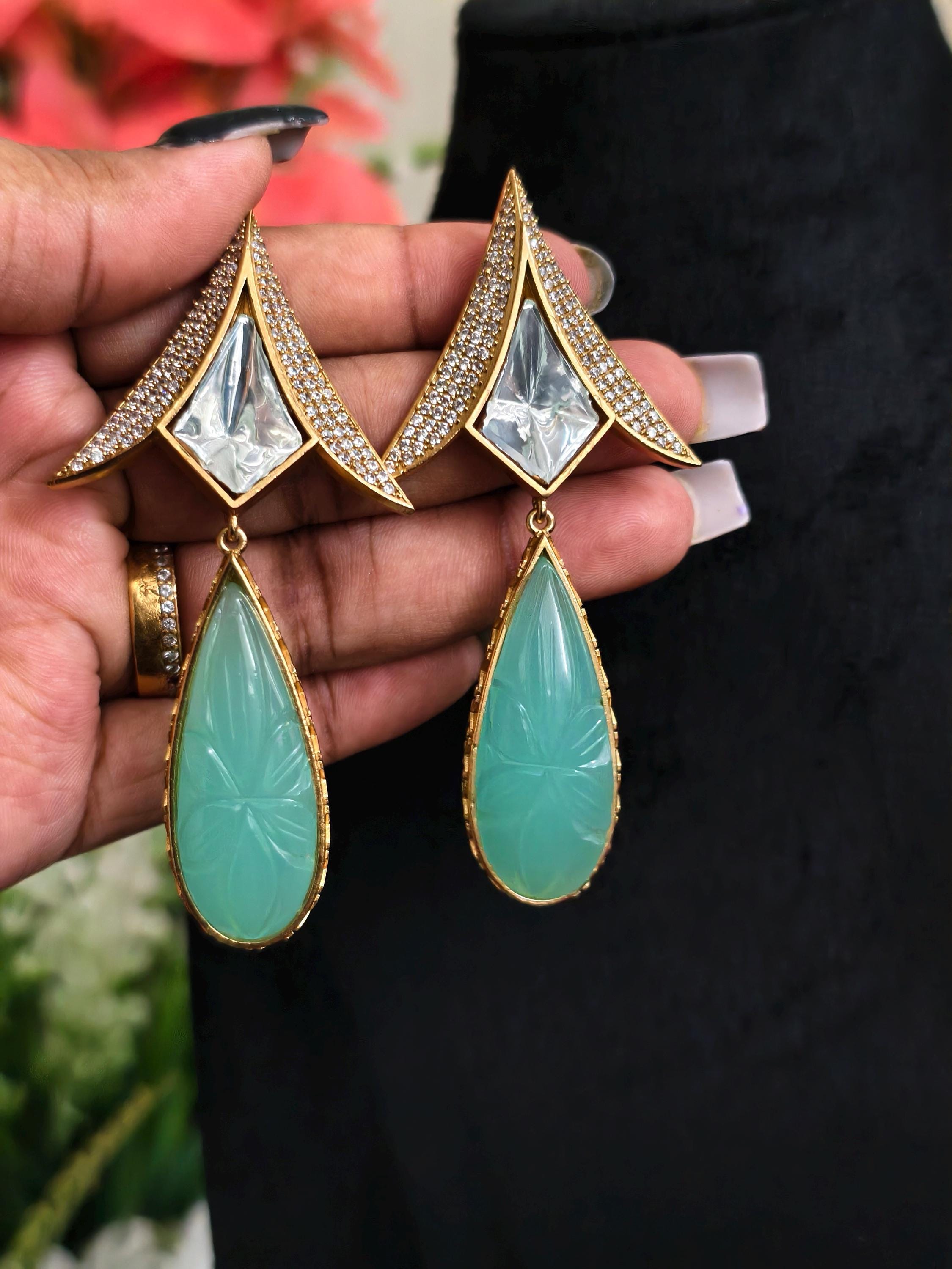 Carved Mint Green Quartz Teardrop Earrings, Art Deco Floral Dangle Jewelry