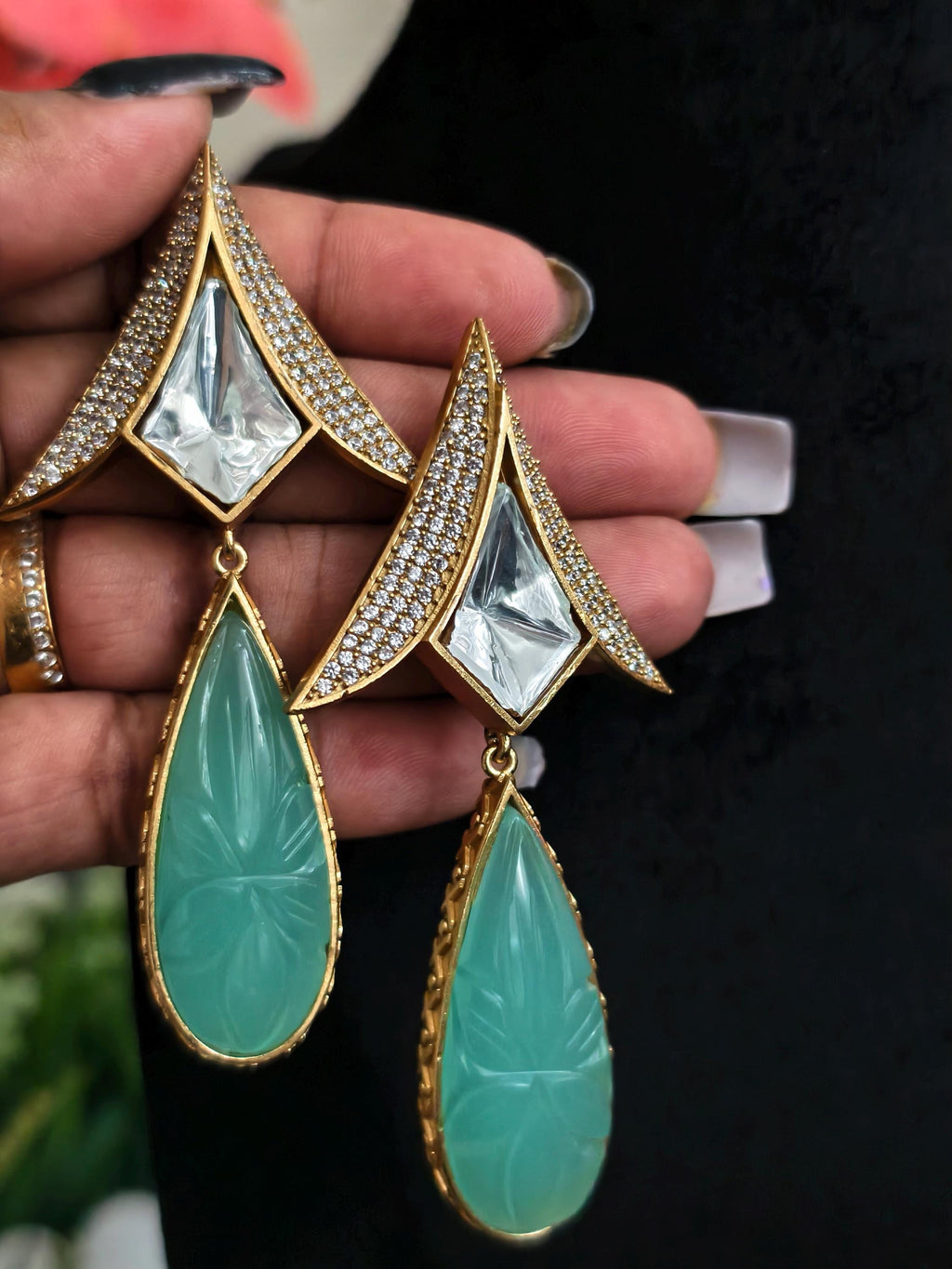 Carved Mint Green Quartz Teardrop Earrings, Art Deco Floral Dangle Jewelry