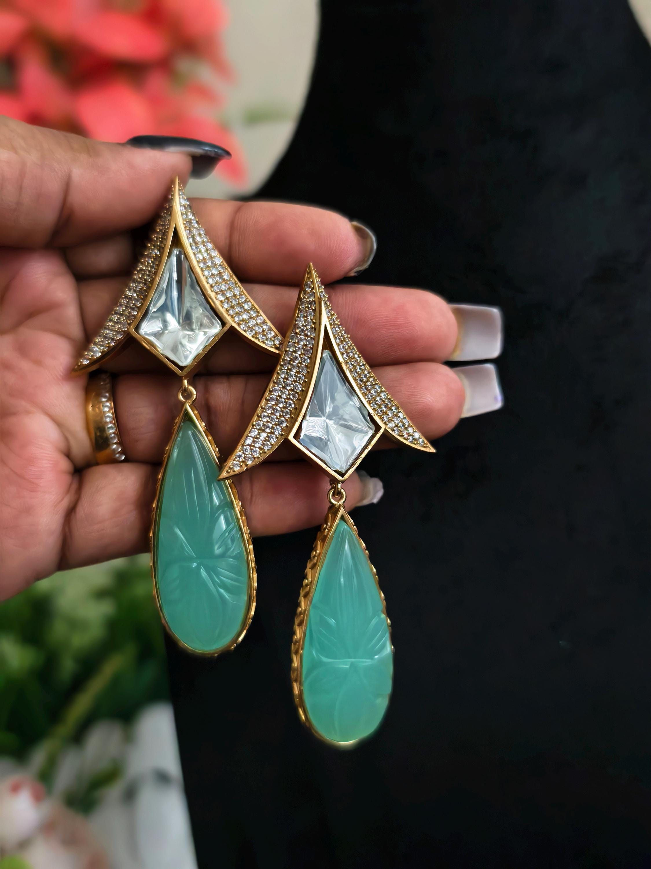 Carved Mint Green Quartz Teardrop Earrings, Art Deco Floral Dangle Jewelry
