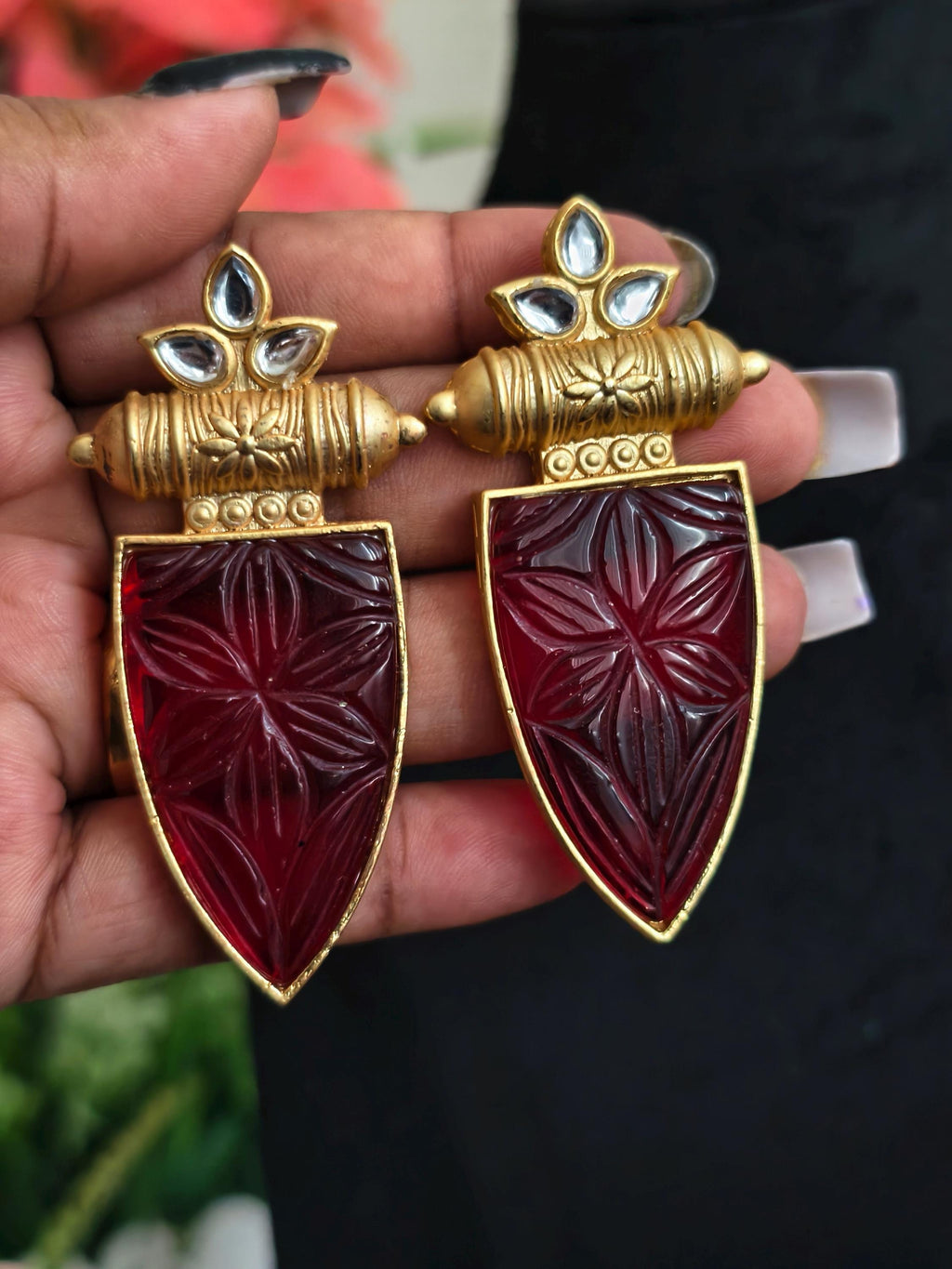 Hammered Ruby Red Stone Earrings: Indian Kundan Jewelry