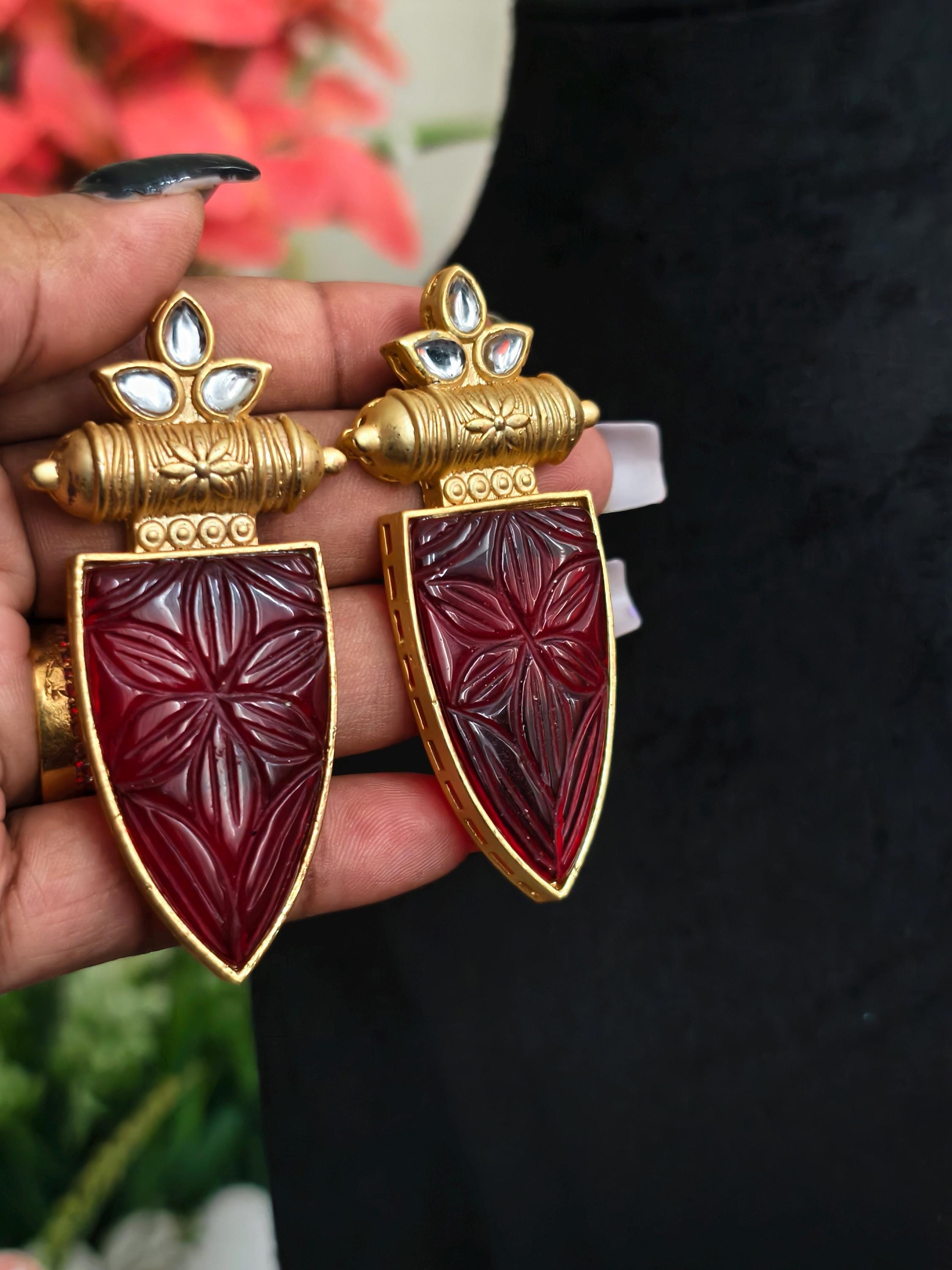 Hammered Ruby Red Stone Earrings: Indian Kundan Jewelry