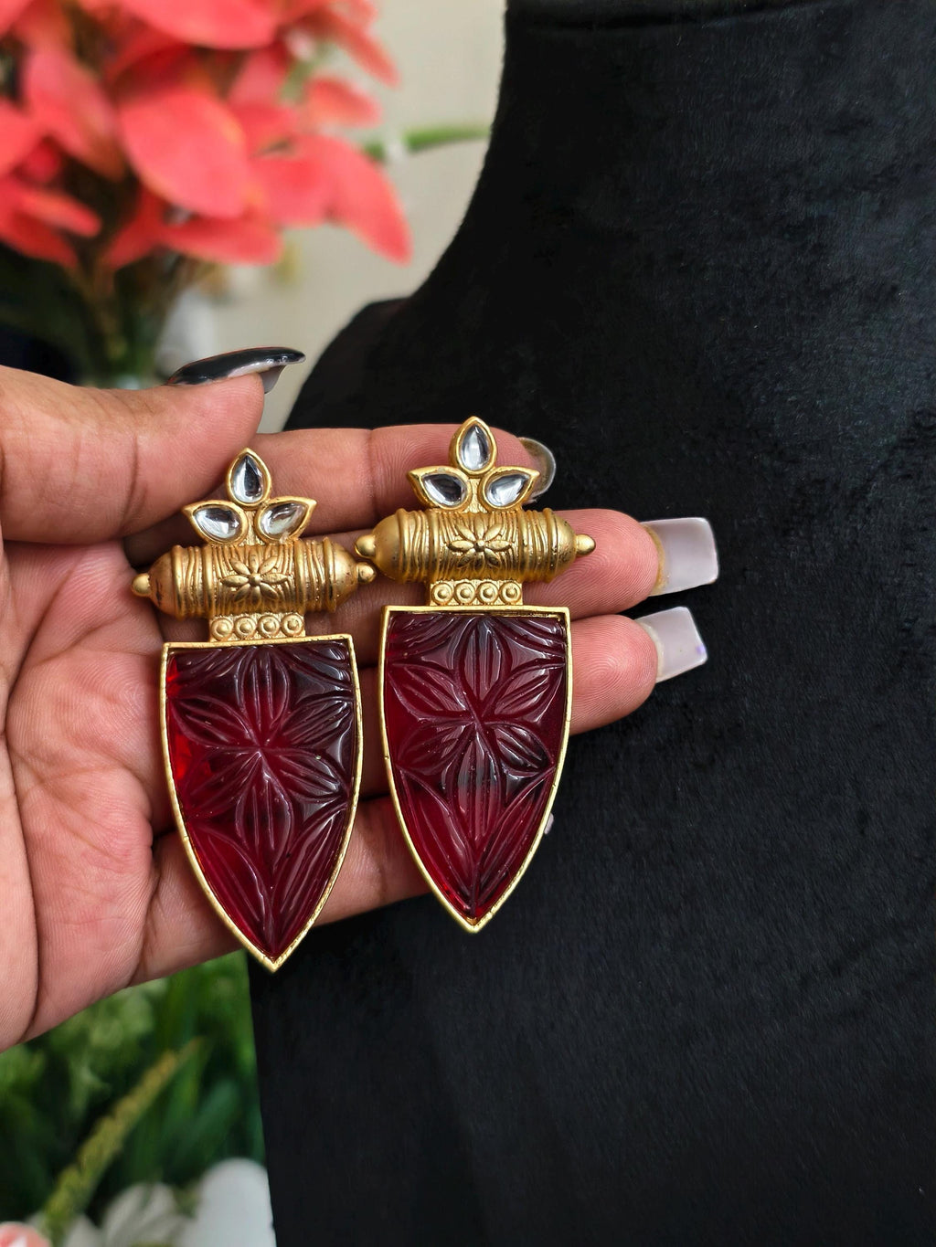 Hammered Ruby Red Stone Earrings: Indian Kundan Jewelry
