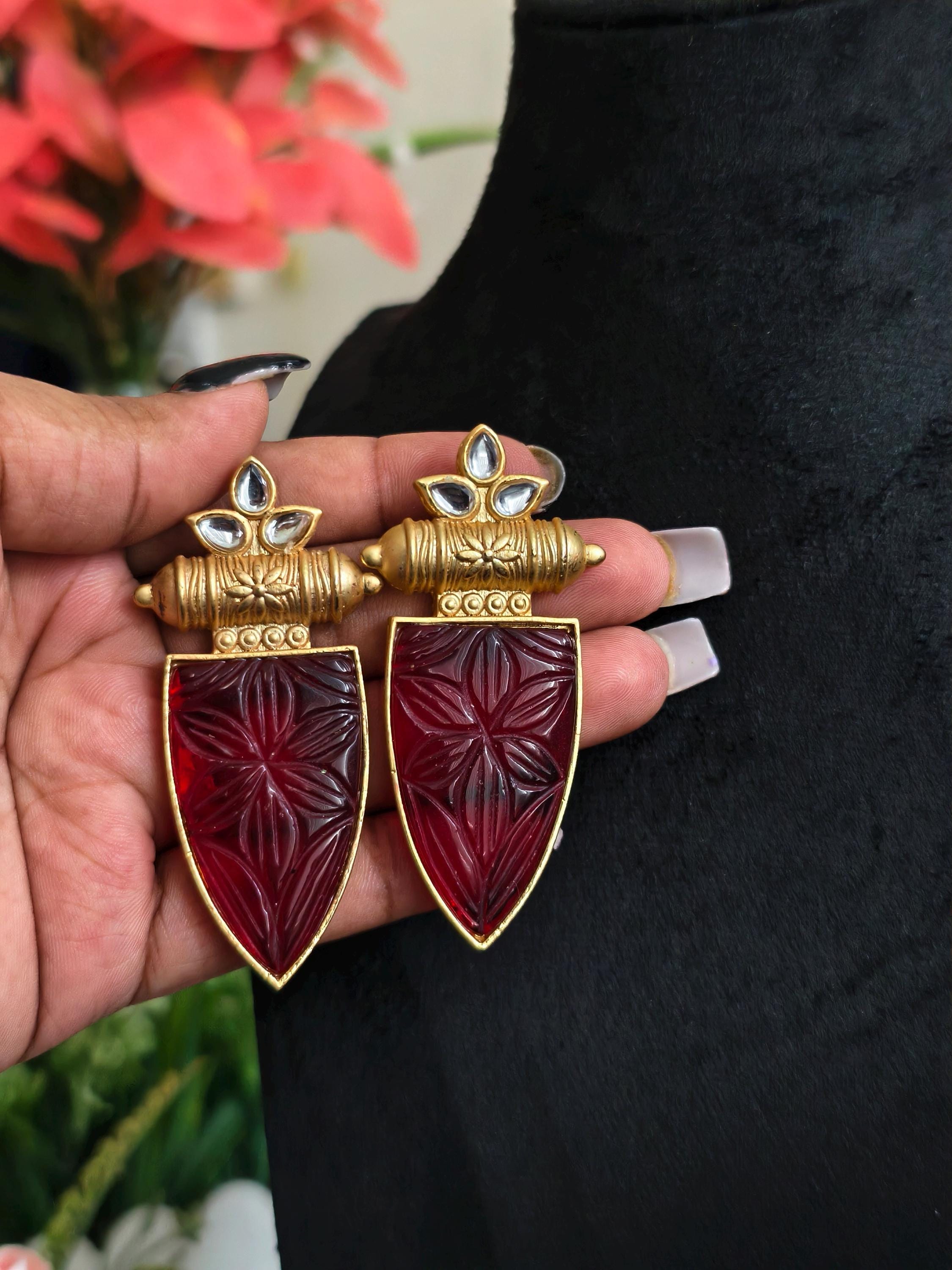 Hammered Ruby Red Stone Earrings: Indian Kundan Jewelry