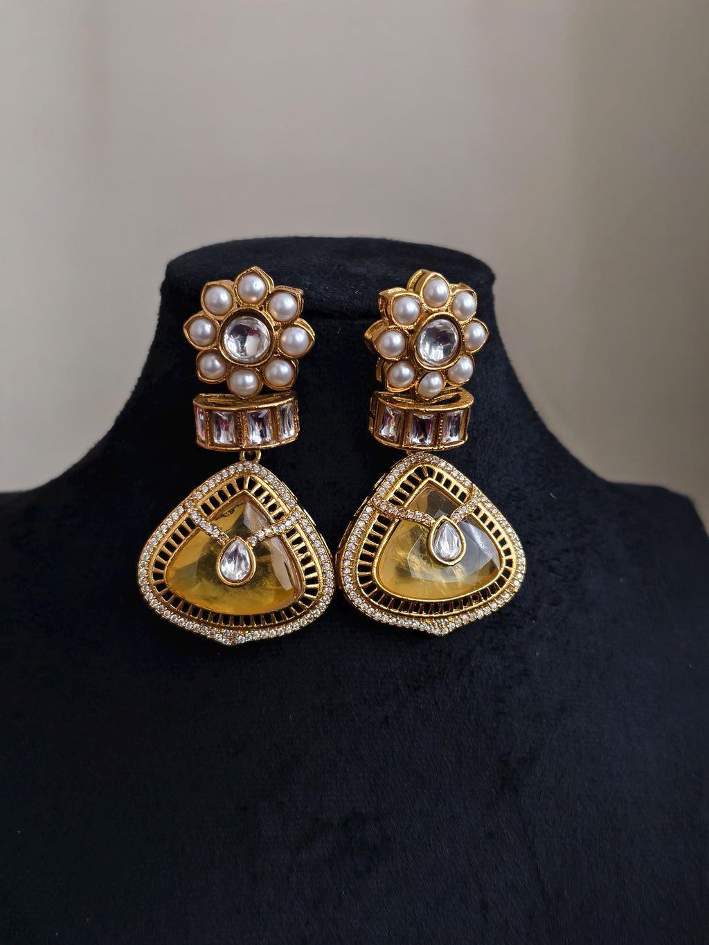 Yellow Dublet Stone Statement Earrings: AD Stone Indian Jewelry