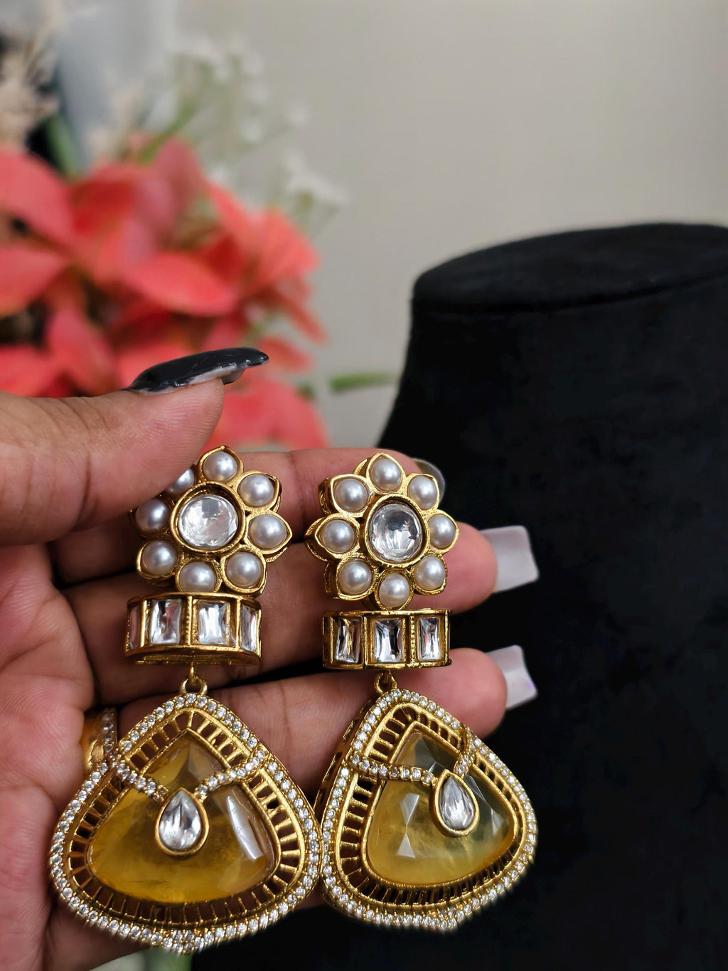 Yellow Dublet Stone Statement Earrings: AD Stone Indian Jewelry