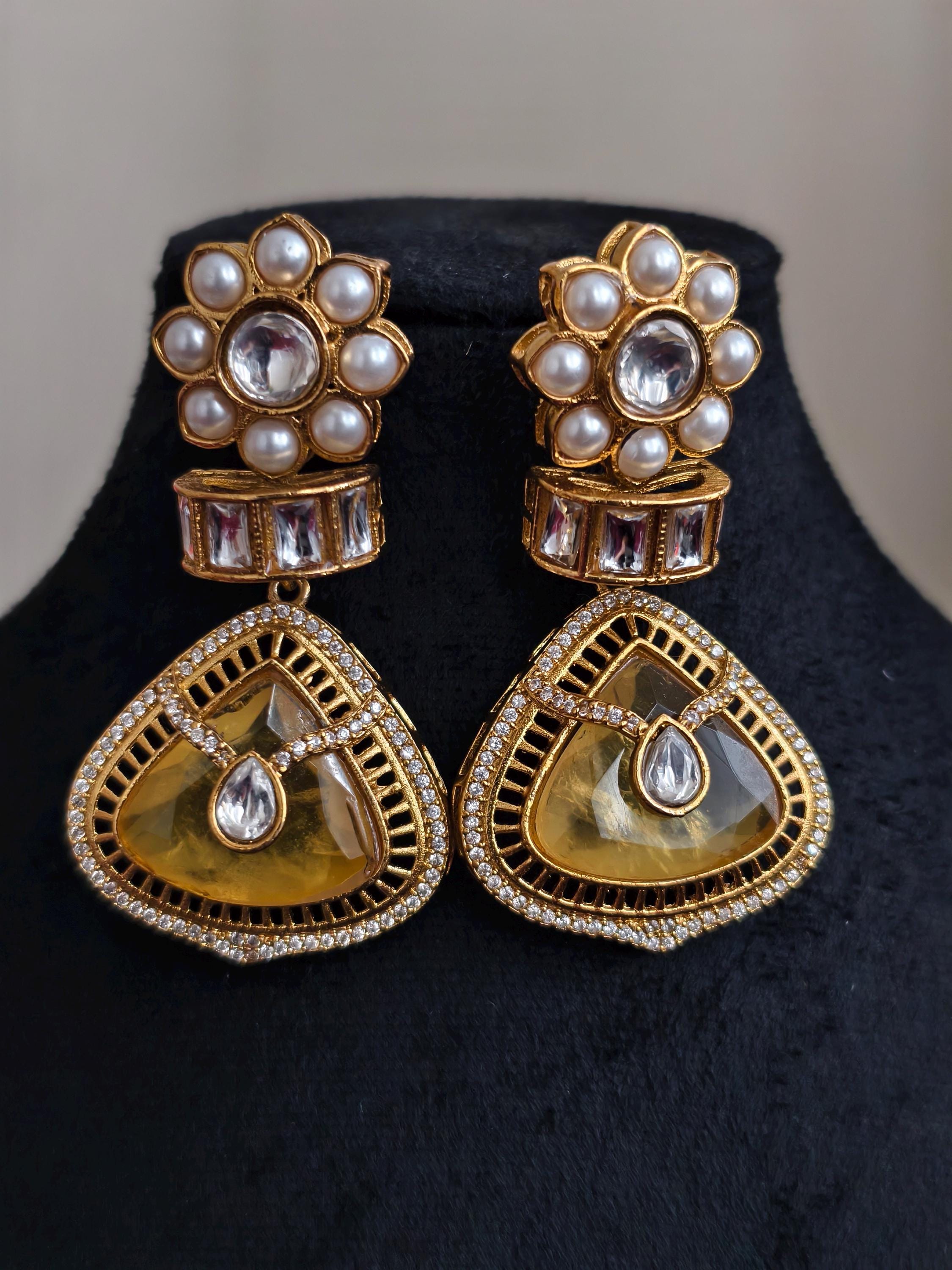Yellow Dublet Stone Statement Earrings: AD Stone Indian Jewelry