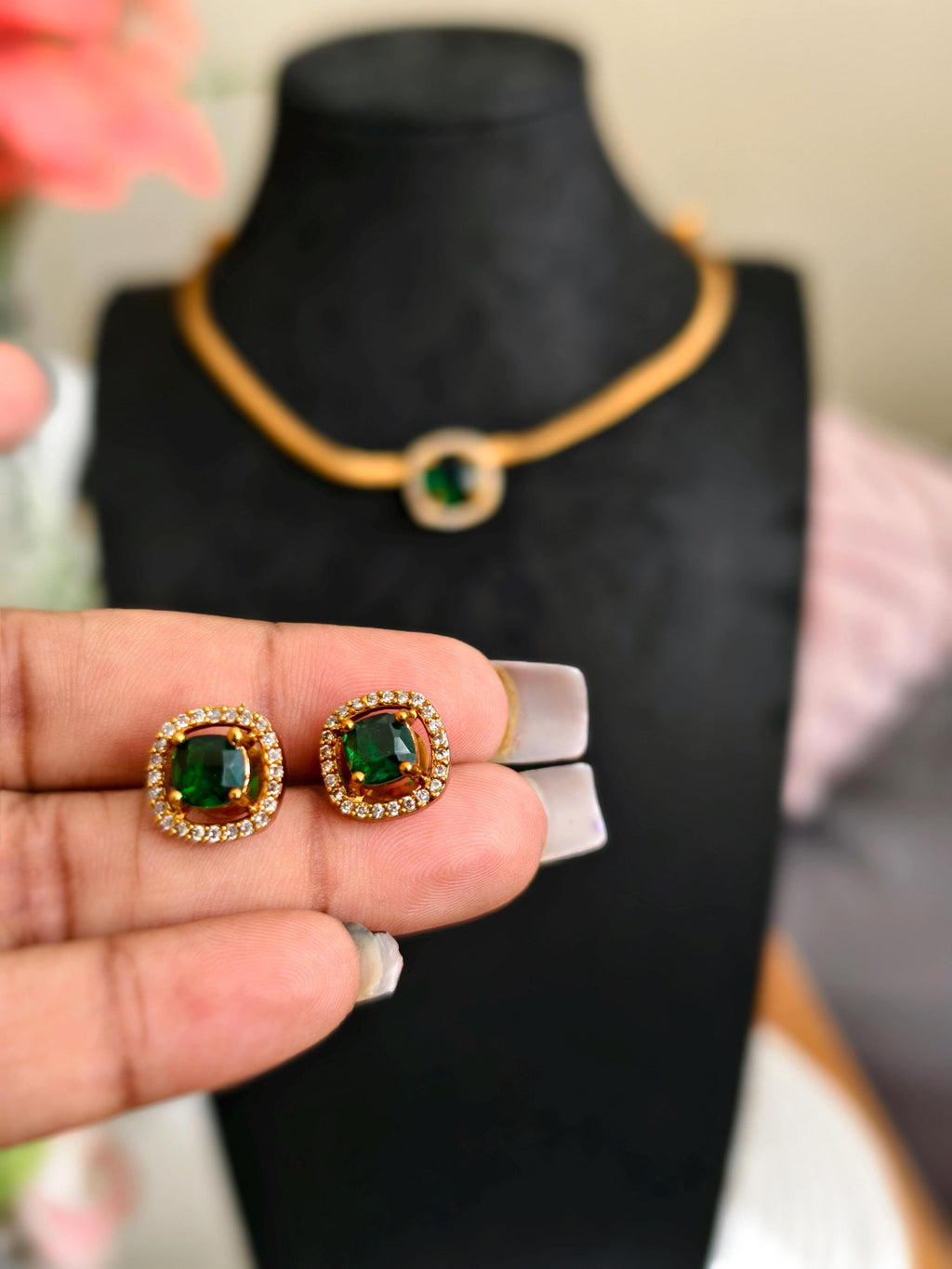Emerald Green Jewelry Set  Gold Plated Necklace & Studs, Indian Wedding