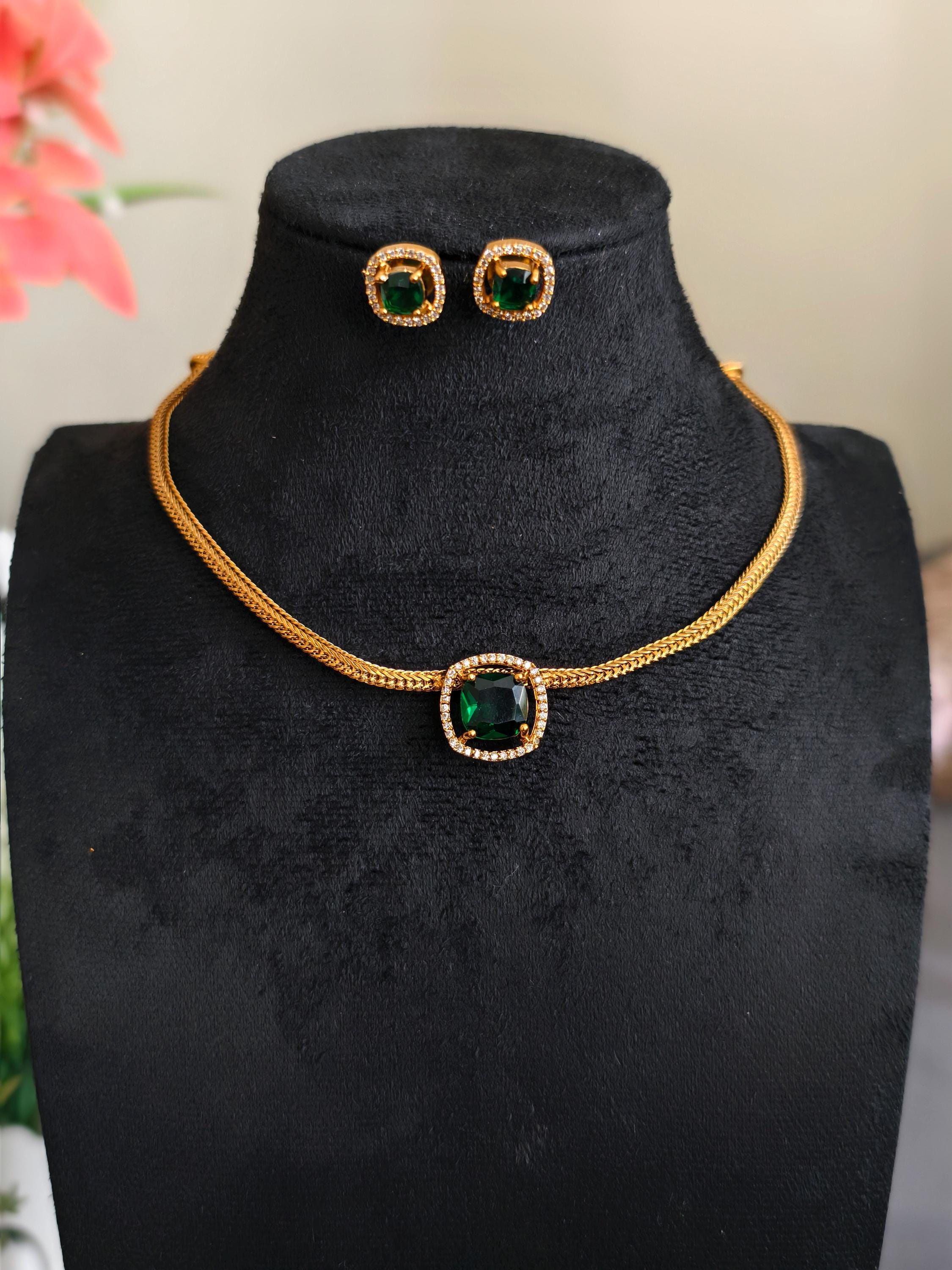 Emerald Green Jewelry Set  Gold Plated Necklace & Studs, Indian Wedding