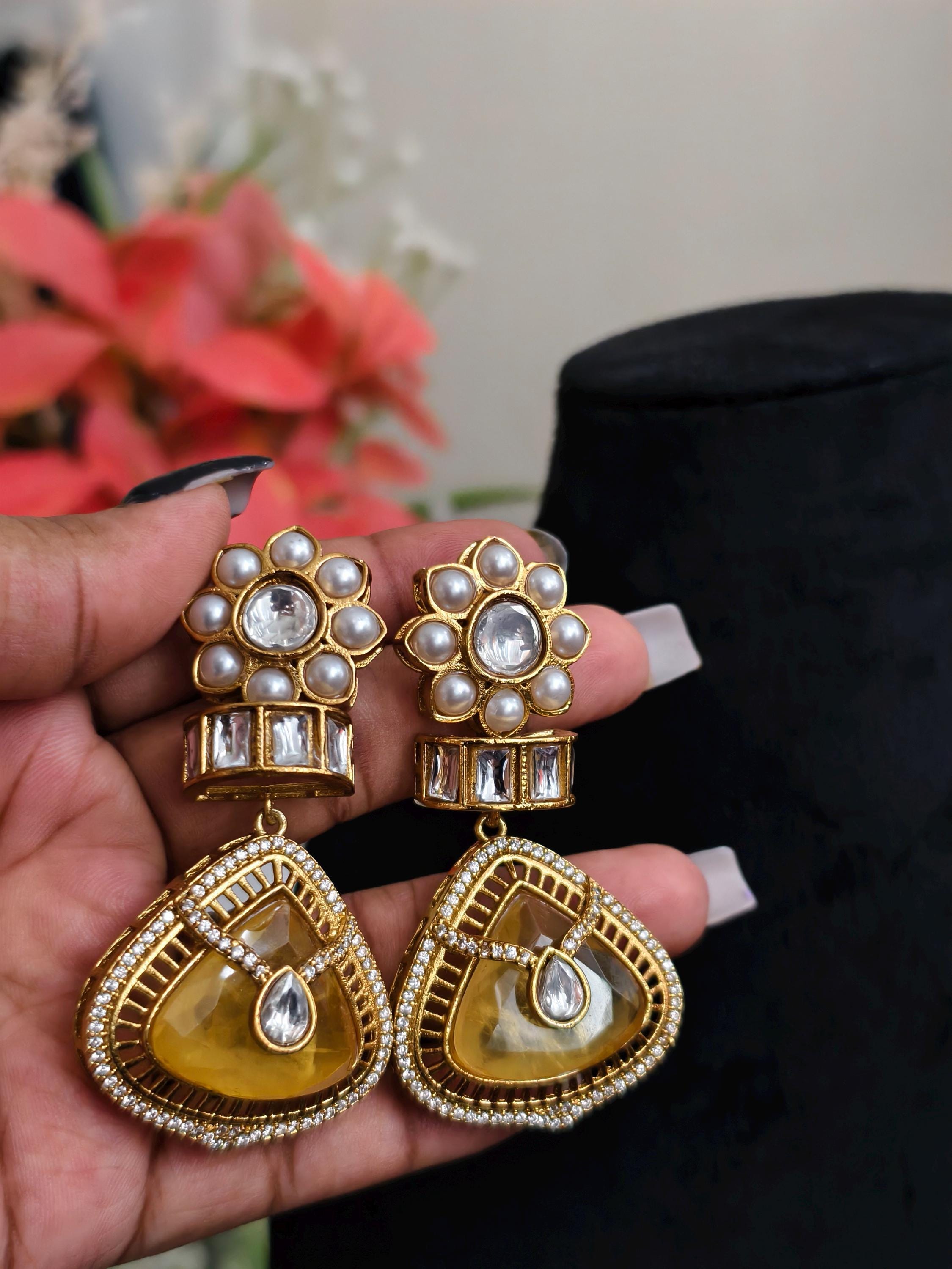 Yellow Dublet Stone Statement Earrings: AD Stone Indian Jewelry