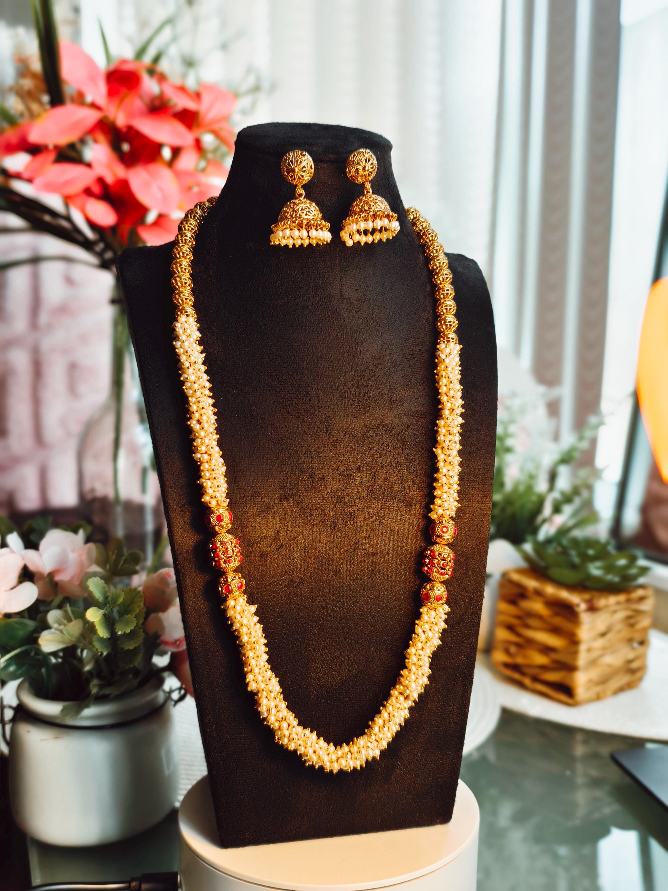 Antique Gold Jhumka Set | South Indian Pearl Mala Necklace