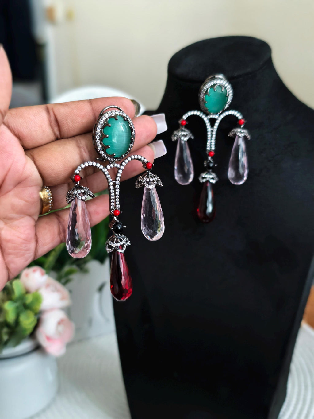 Green Jade Chandelier Earrings | Ruby Red Teardrop, Victorian Bridal Jewelry