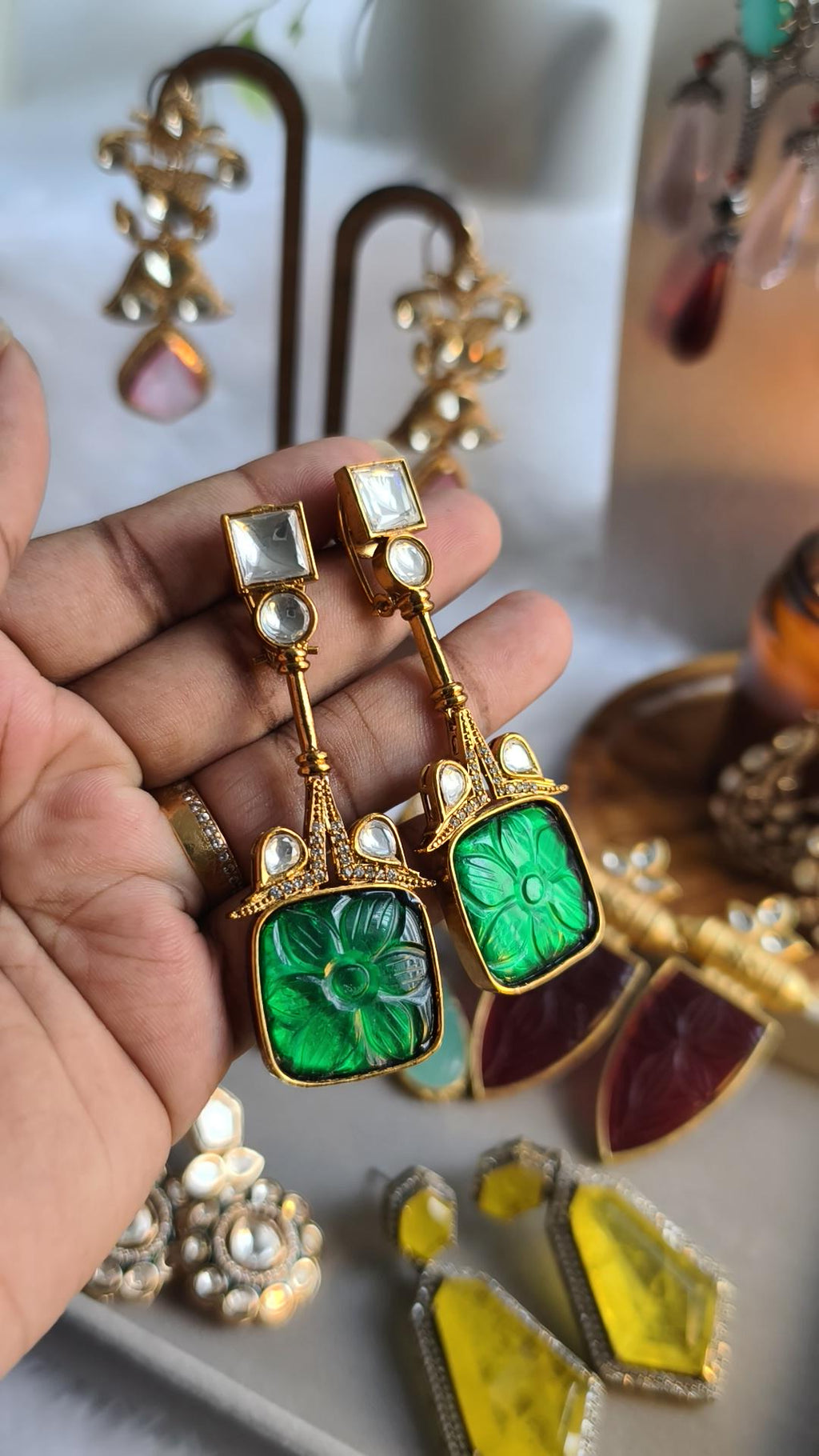 Emerald Green Kundan Earrings | Gold Plated Indo Western Jewelry