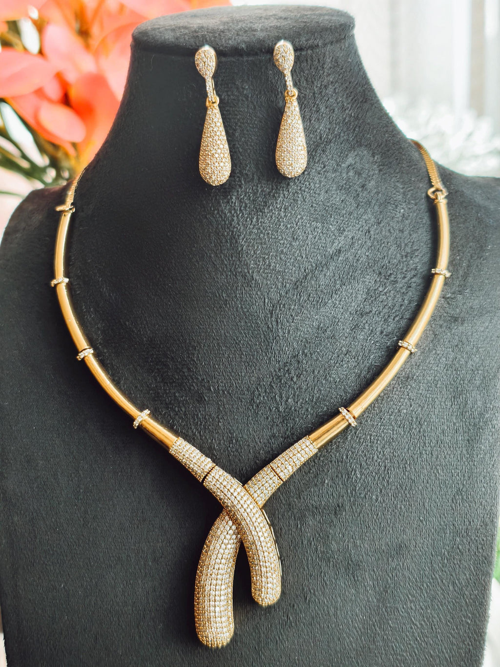 Gold Plated Zirconia Necklace Set | Teardrop Earrings, Indian Fusion Jewelry