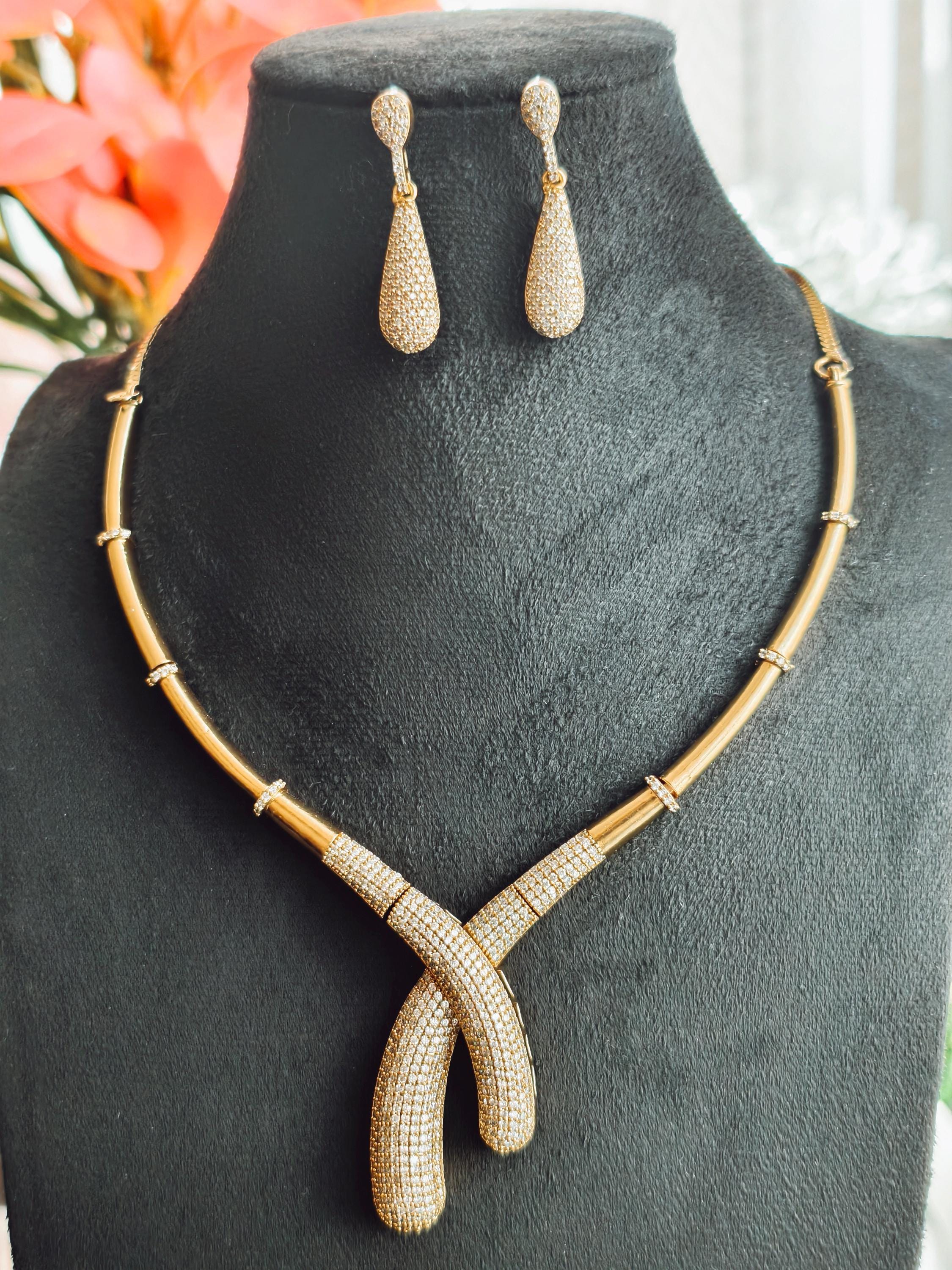 Gold Plated Zirconia Necklace Set | Teardrop Earrings, Indian Fusion Jewelry