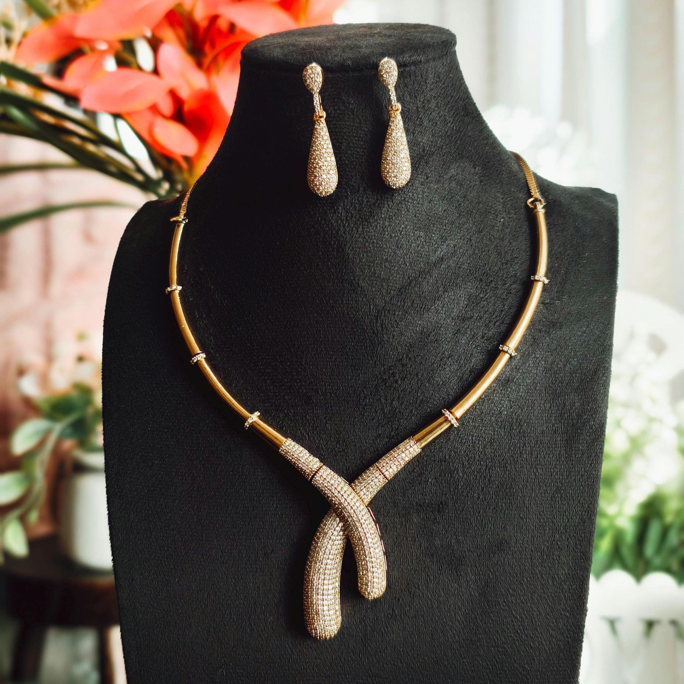 Gold Plated Zirconia Necklace Set | Teardrop Earrings, Indian Fusion Jewelry