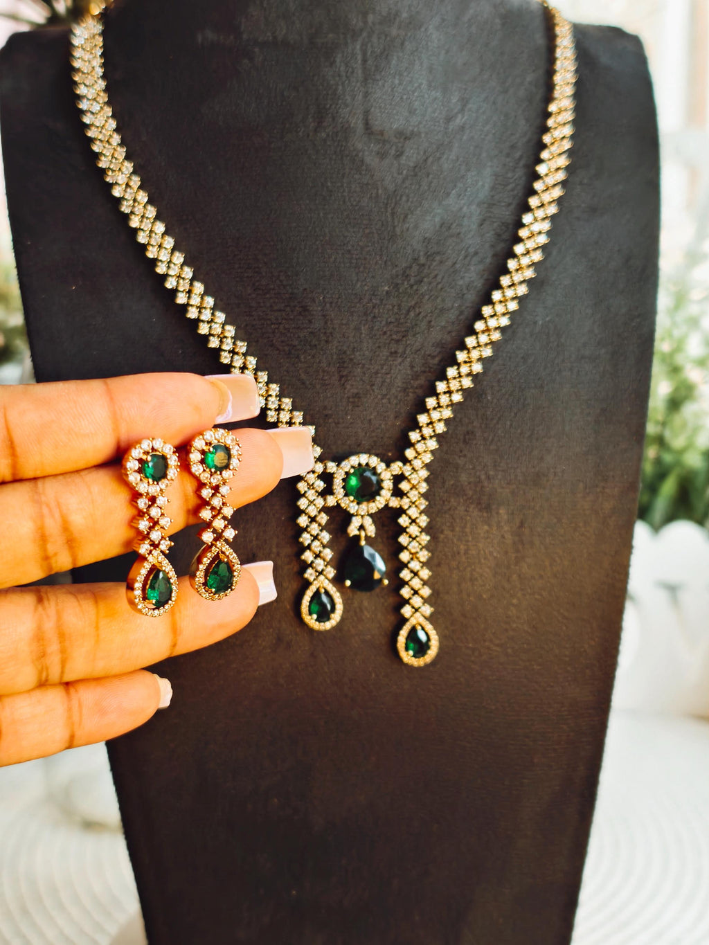 Trendy AD Stone Necklace: Gold Plated, Green Stone