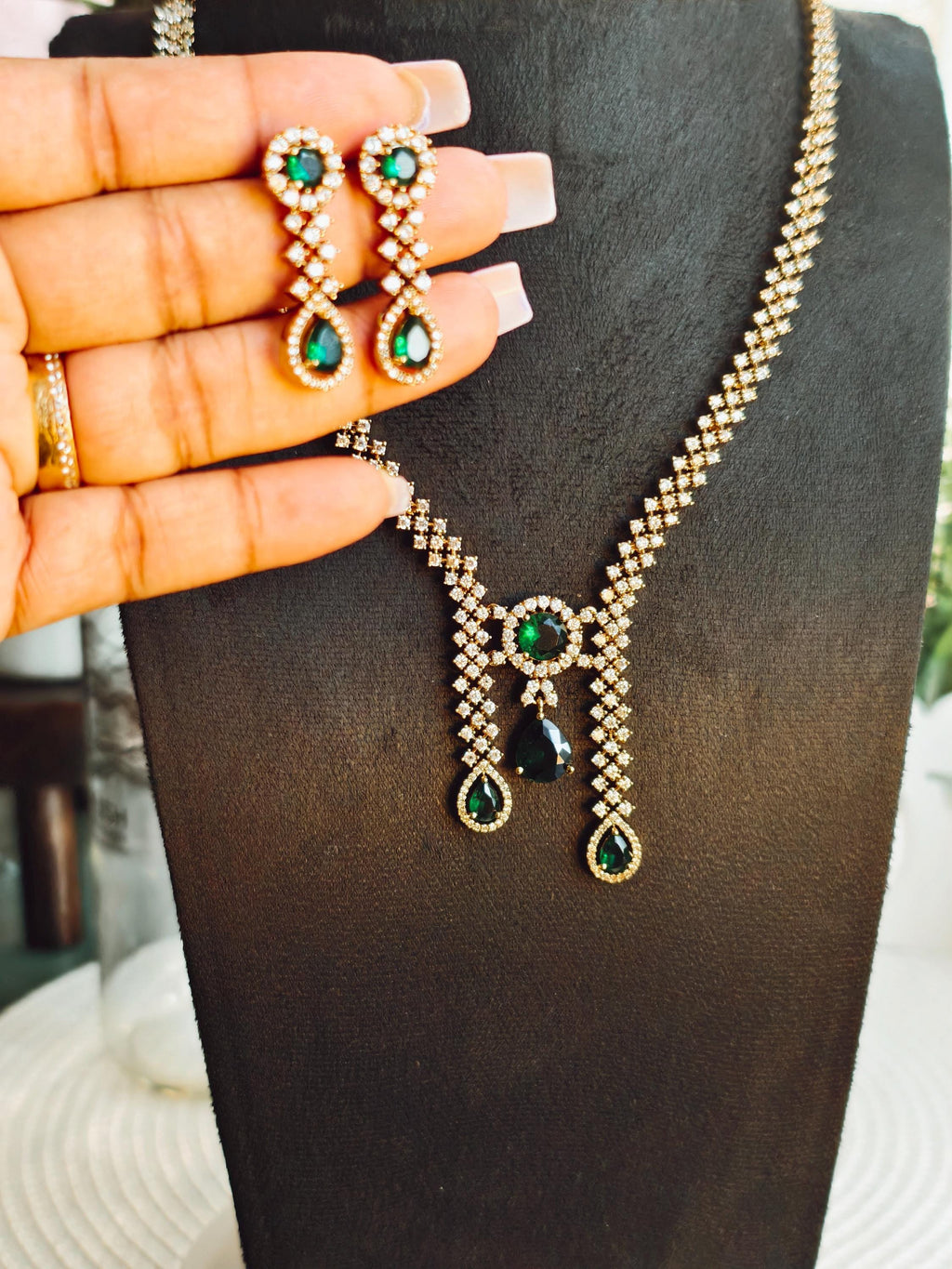 Trendy AD Stone Necklace: Gold Plated, Green Stone