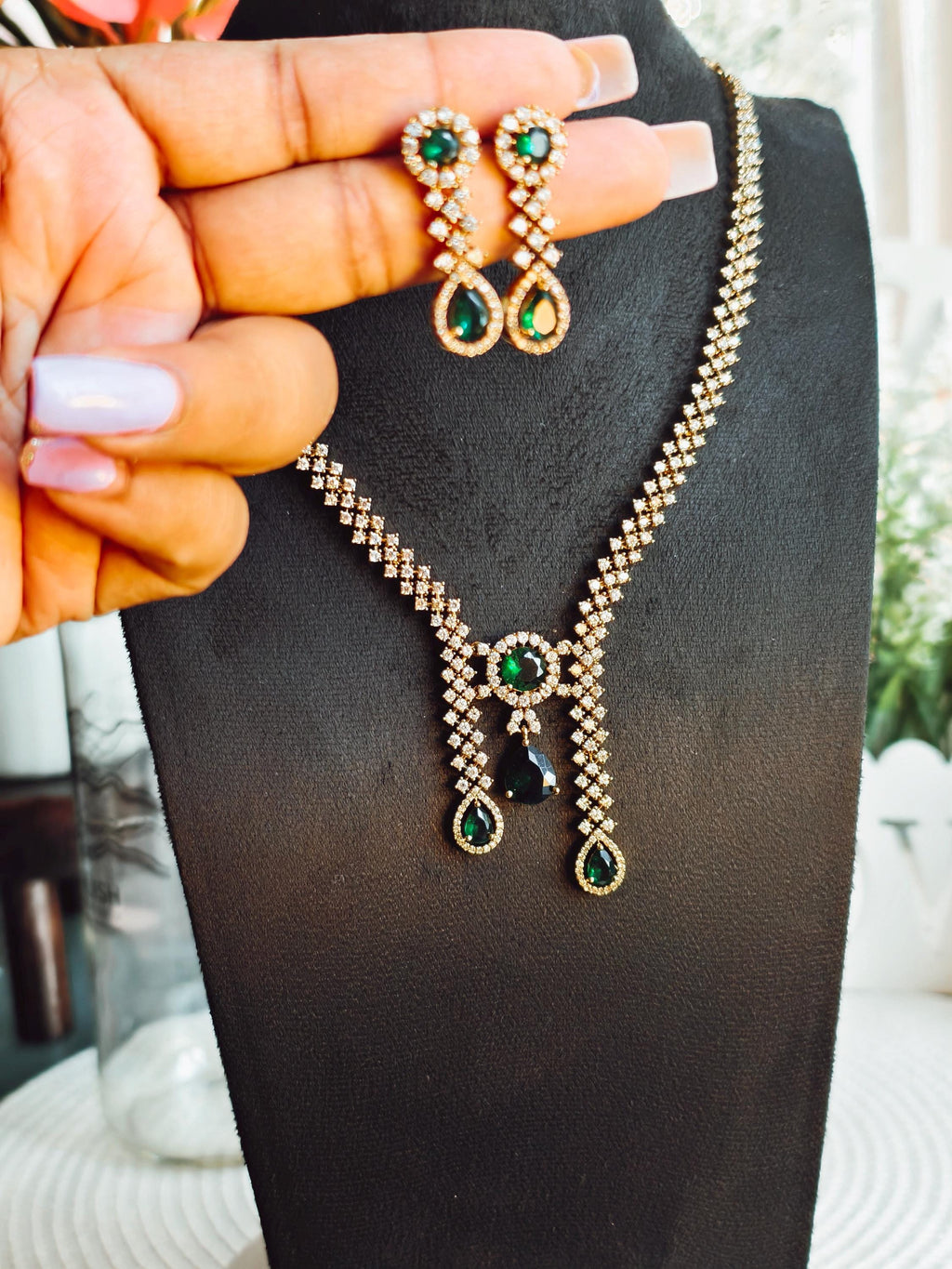 Trendy AD Stone Necklace: Gold Plated, Green Stone