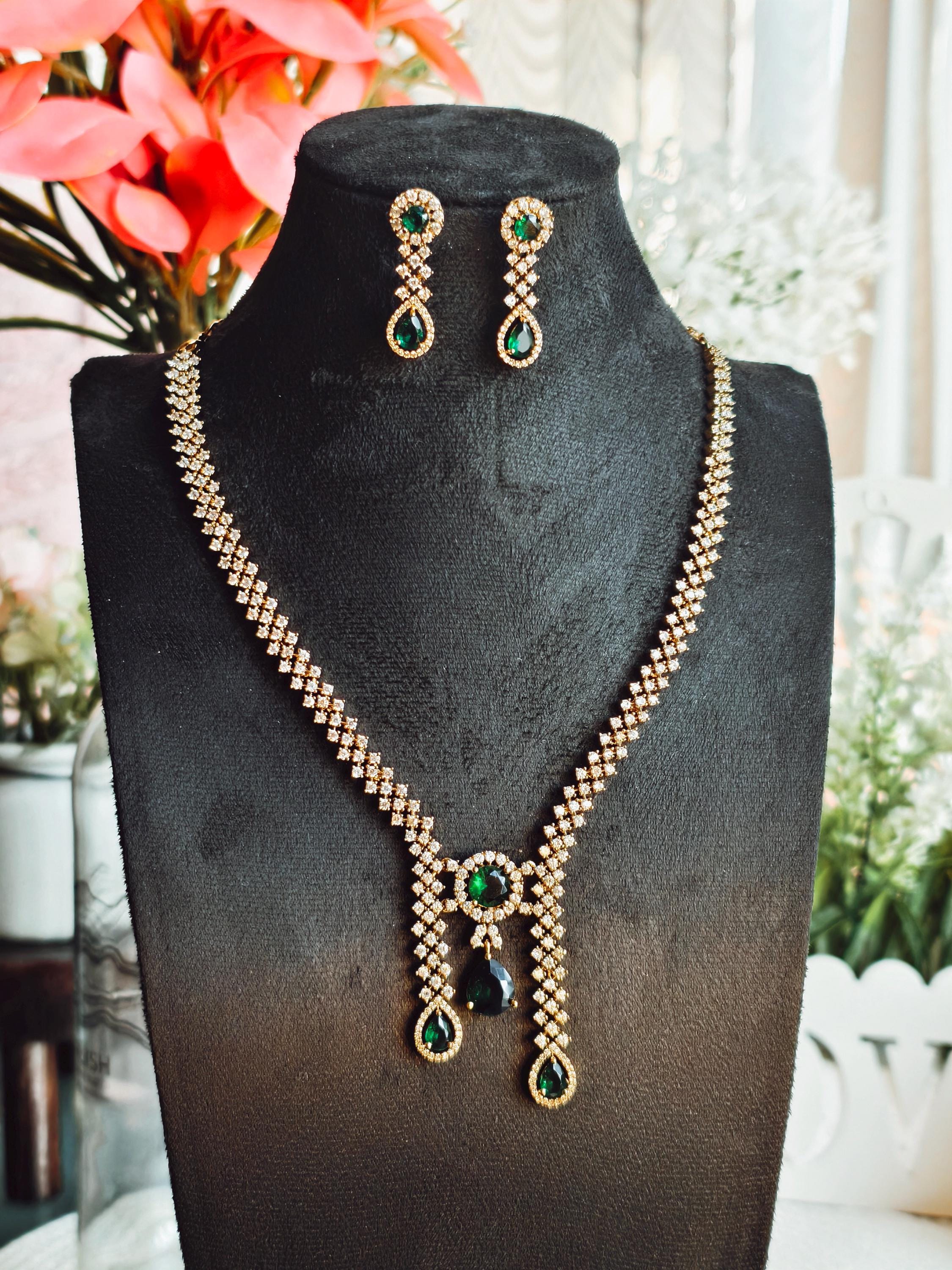 Trendy AD Stone Necklace: Gold Plated, Green Stone