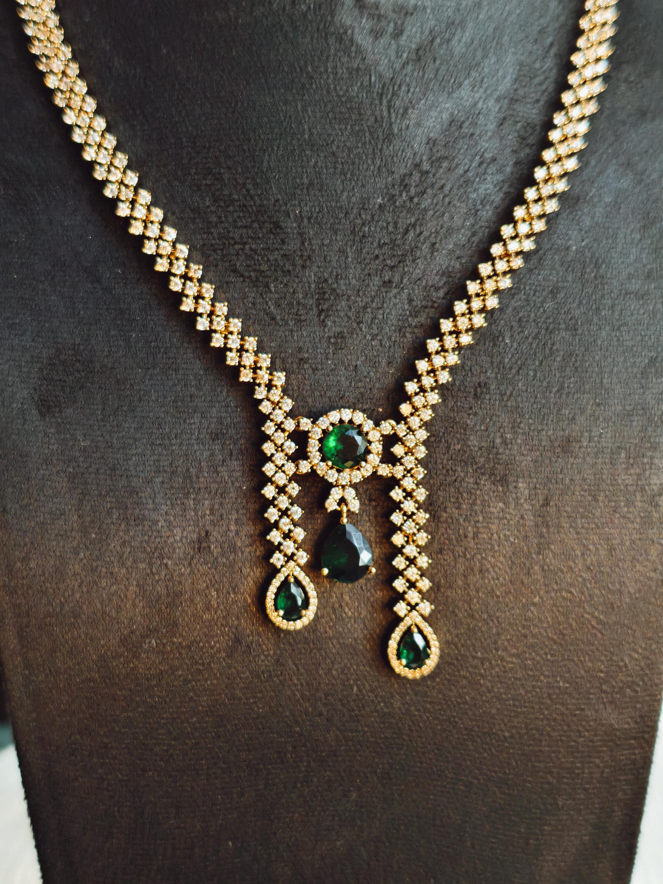 Trendy AD Stone Necklace: Gold Plated, Green Stone