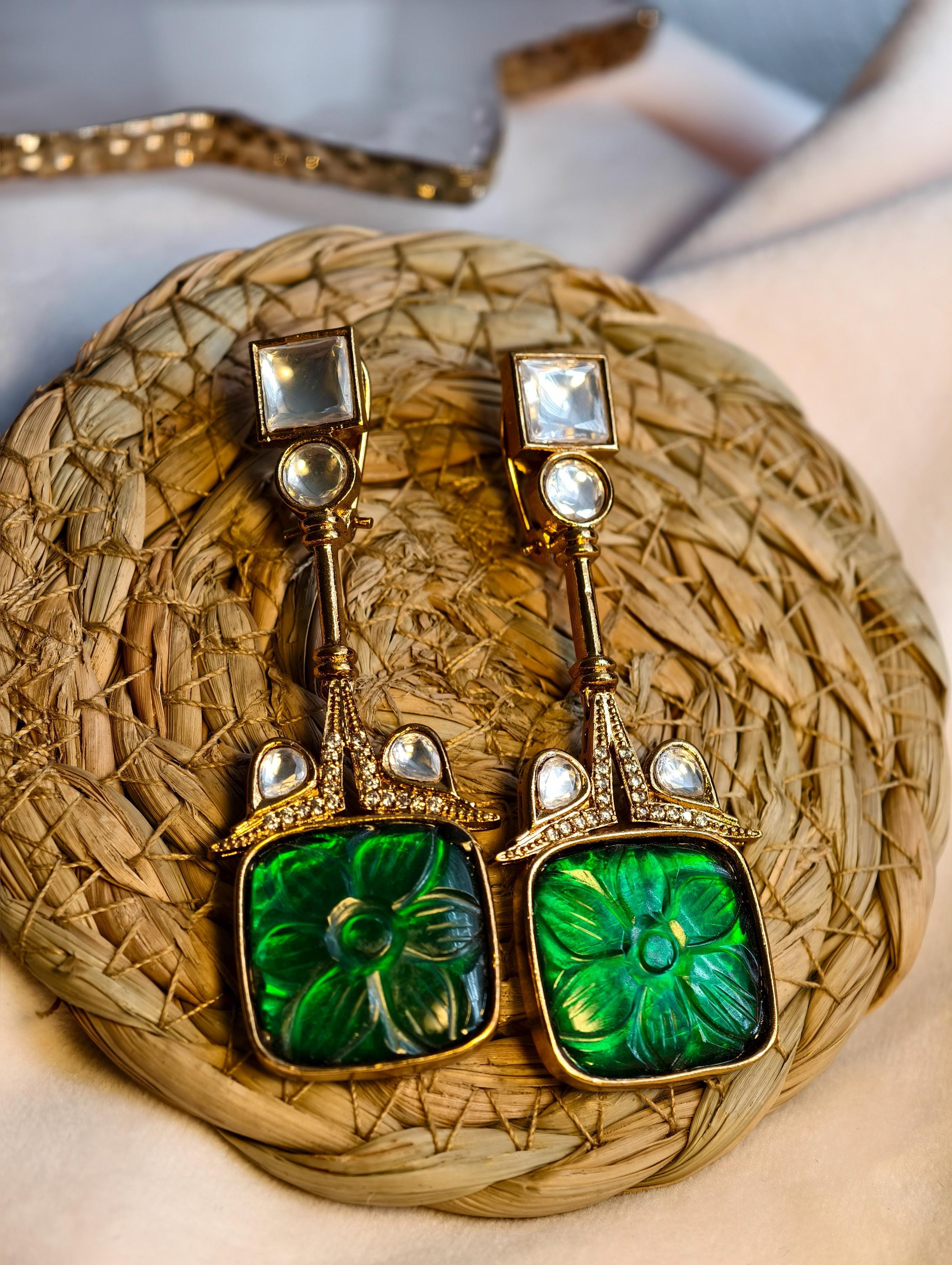 Emerald Green Kundan Earrings | Gold Plated Indo Western Jewelry