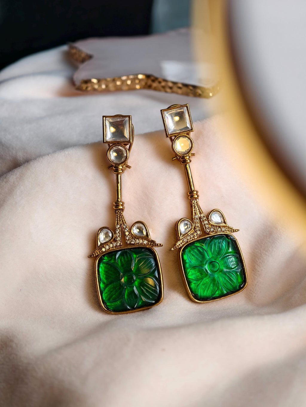 Emerald Green Kundan Earrings | Gold Plated Indo Western Jewelry