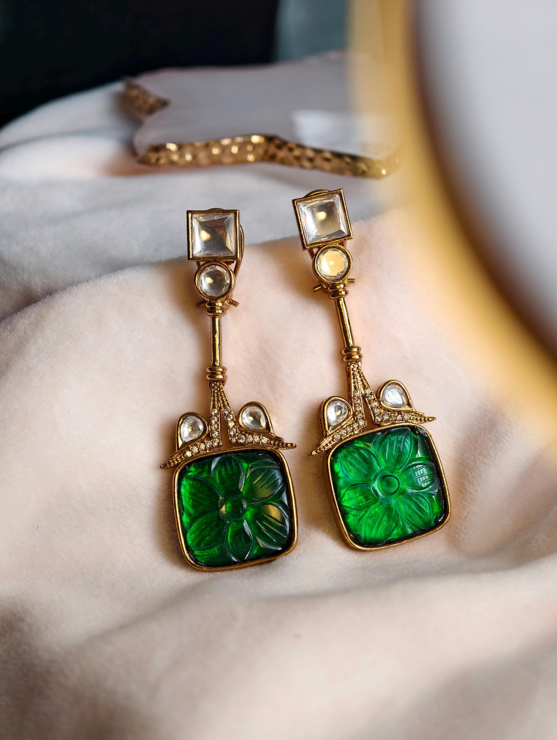 Emerald Green Kundan Earrings | Gold Plated Indo Western Jewelry