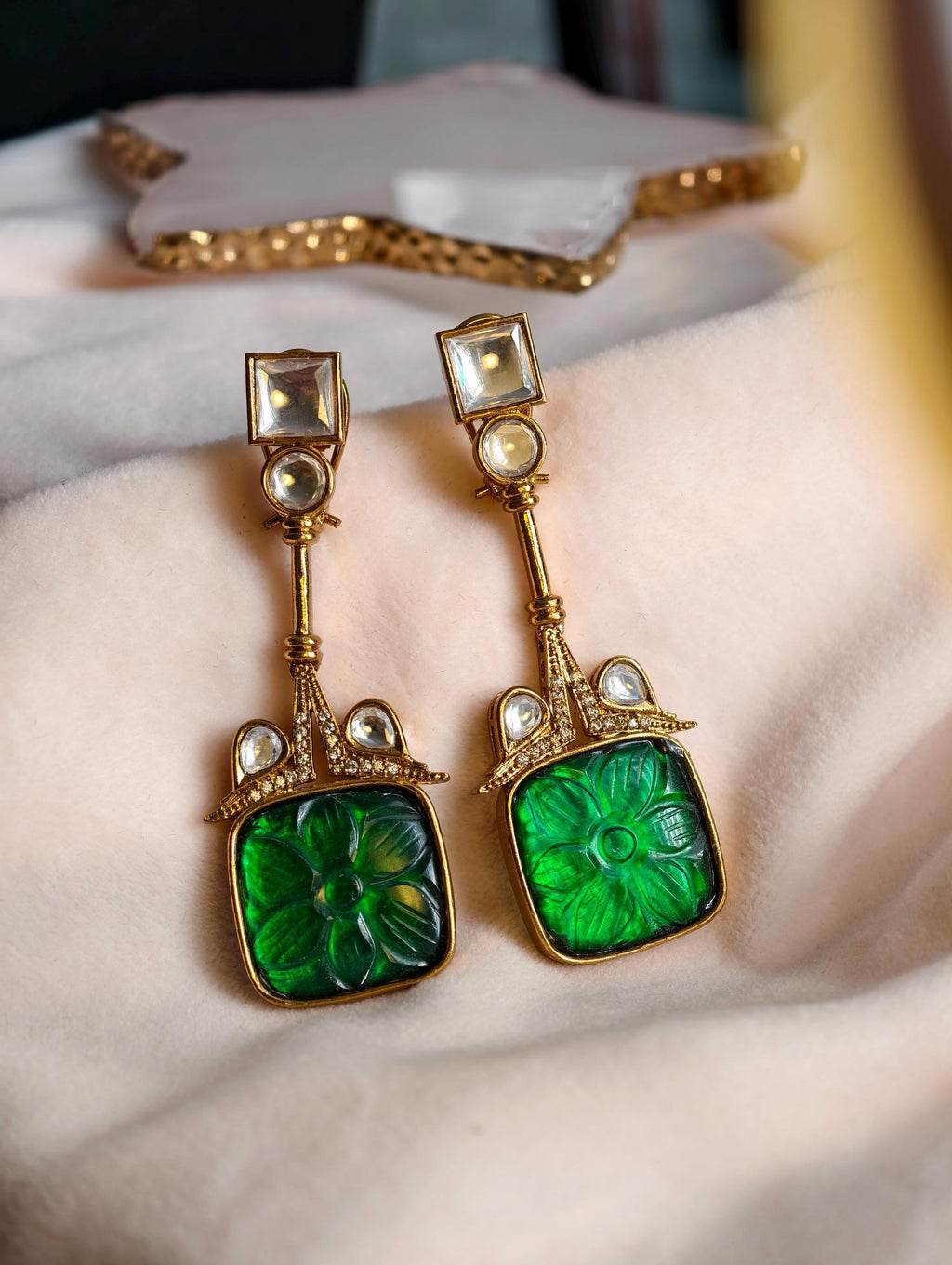 Emerald Green Kundan Earrings | Gold Plated Indo Western Jewelry