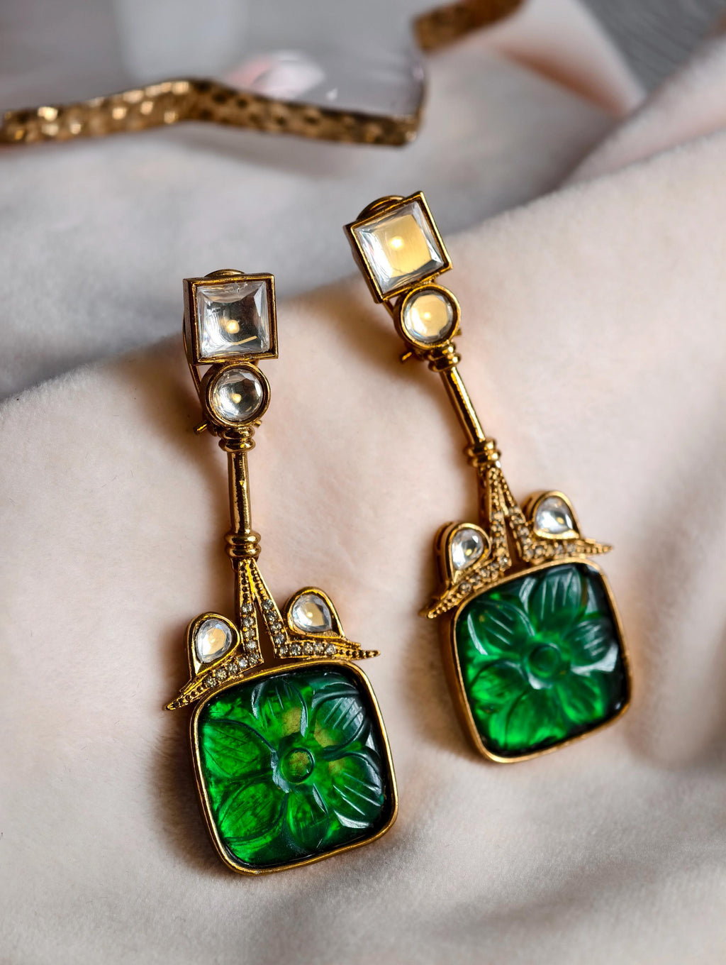 Emerald Green Kundan Earrings | Gold Plated Indo Western Jewelry