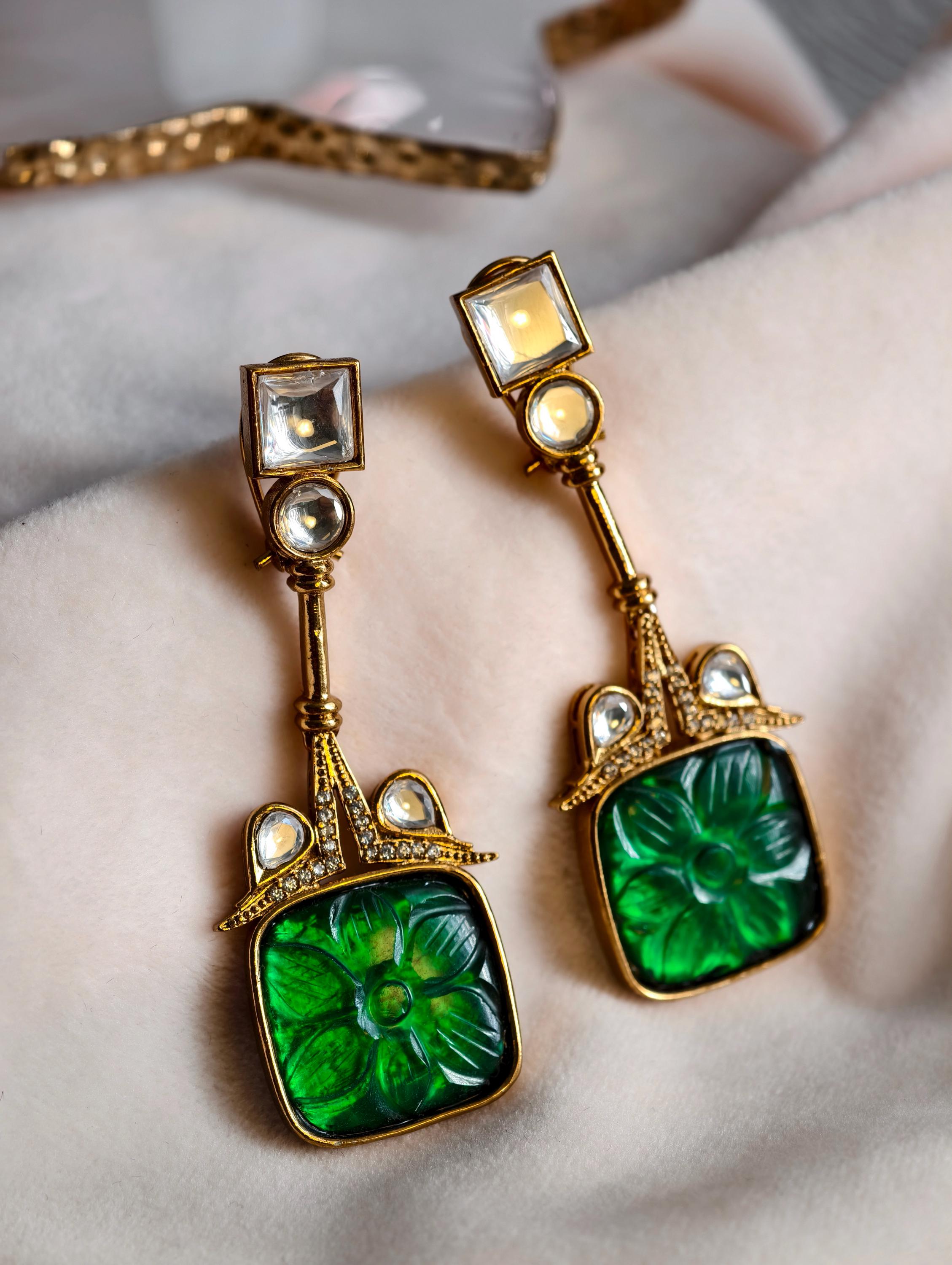 Emerald Green Kundan Earrings | Gold Plated Indo Western Jewelry