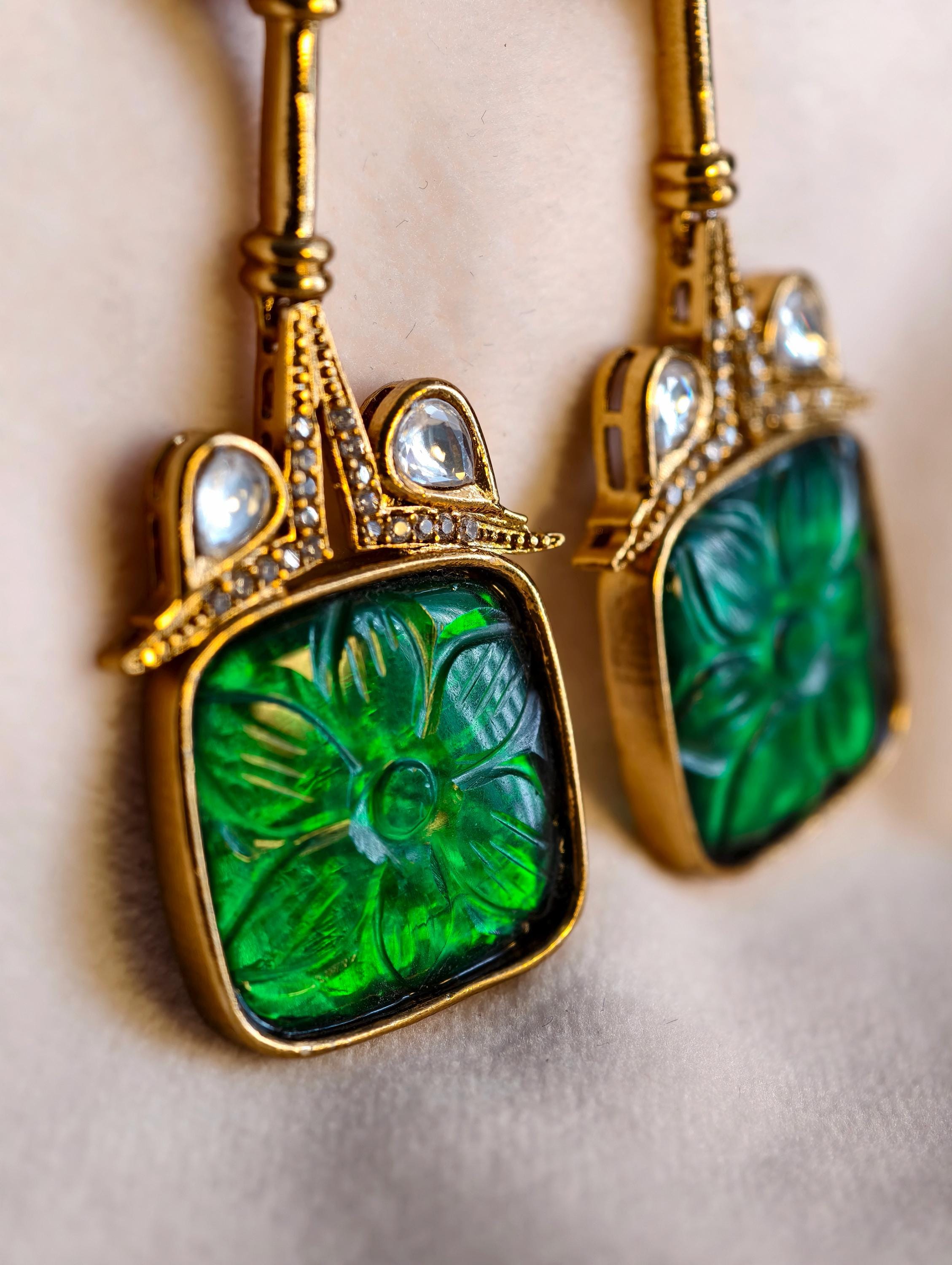 Emerald Green Kundan Earrings | Gold Plated Indo Western Jewelry