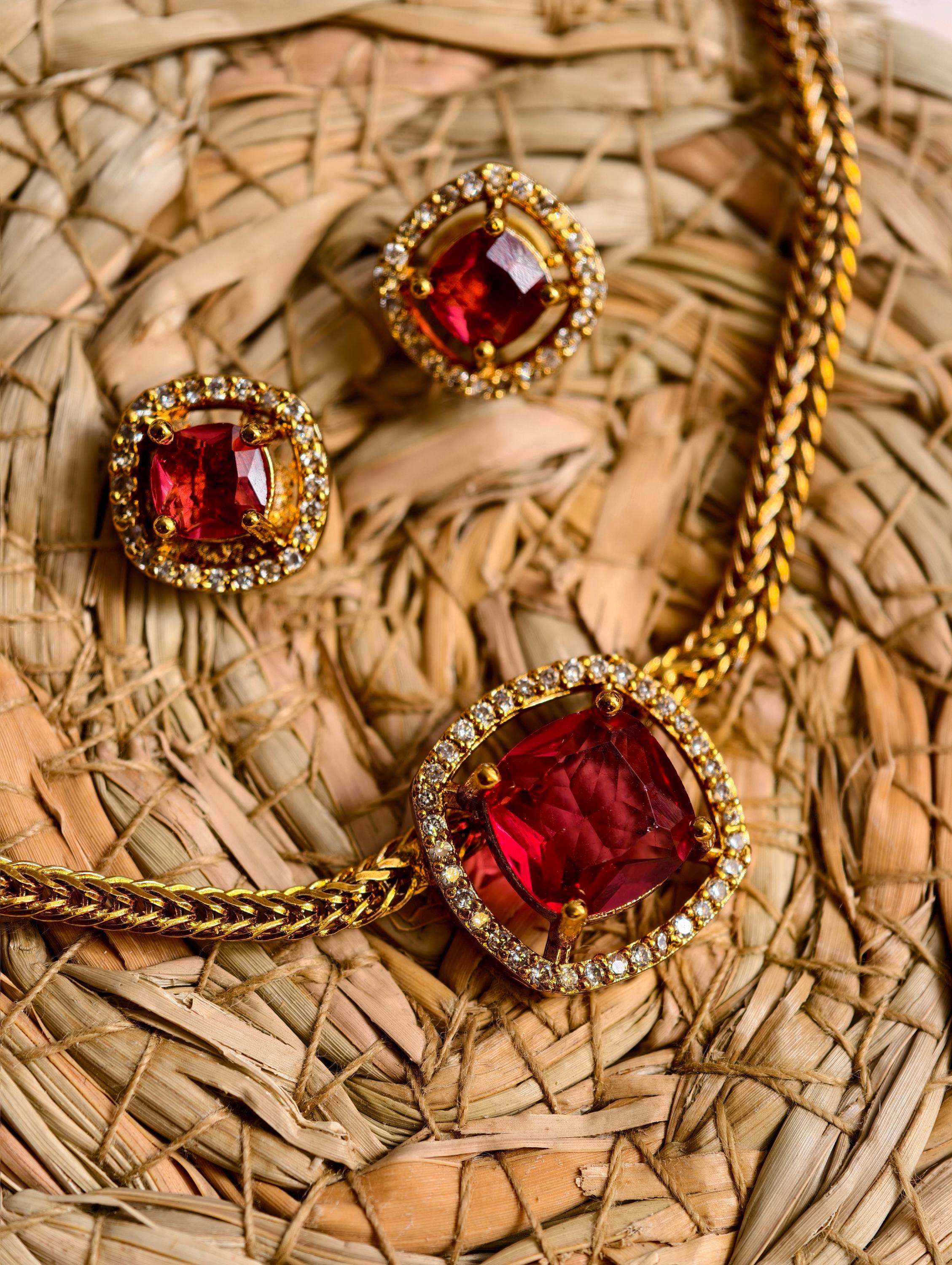 Ruby Red Jewelry Set | Gold Plated Necklace and Stud Earrings