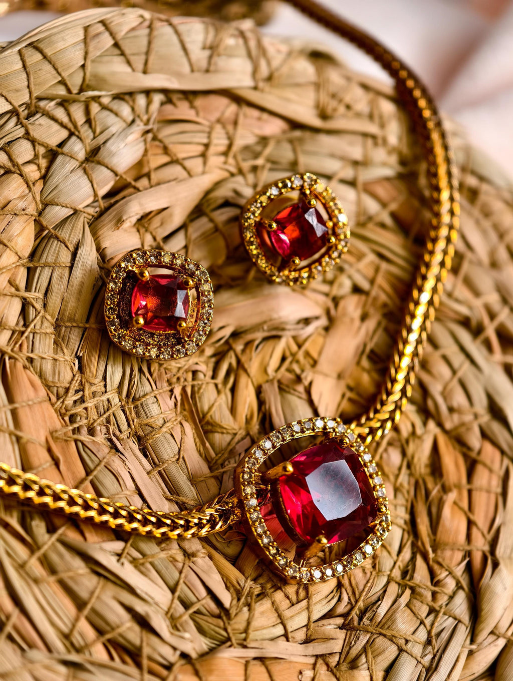 Ruby Red Jewelry Set | Gold Plated Necklace and Stud Earrings