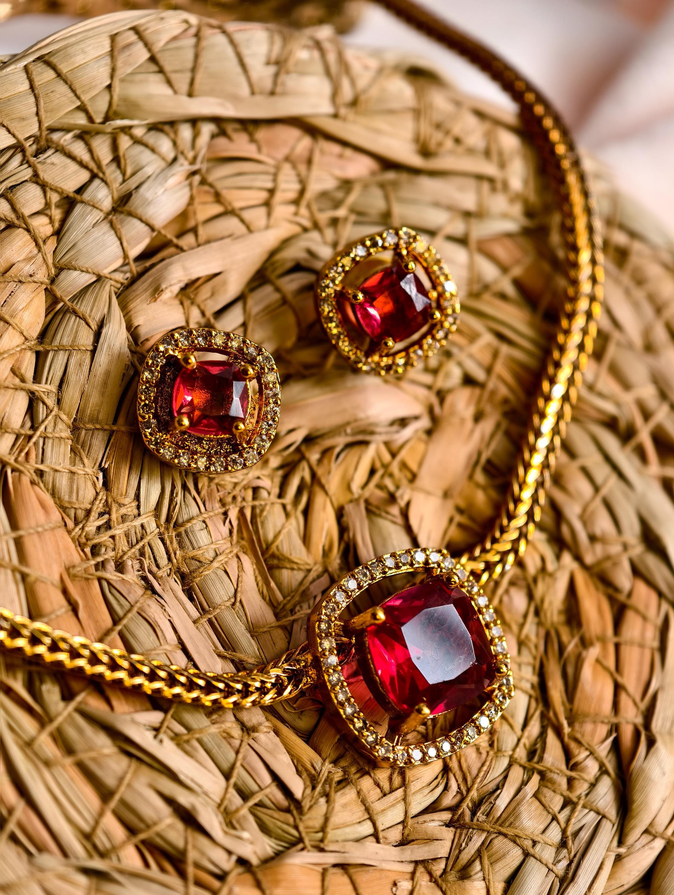 Ruby Red Jewelry Set | Gold Plated Necklace and Stud Earrings