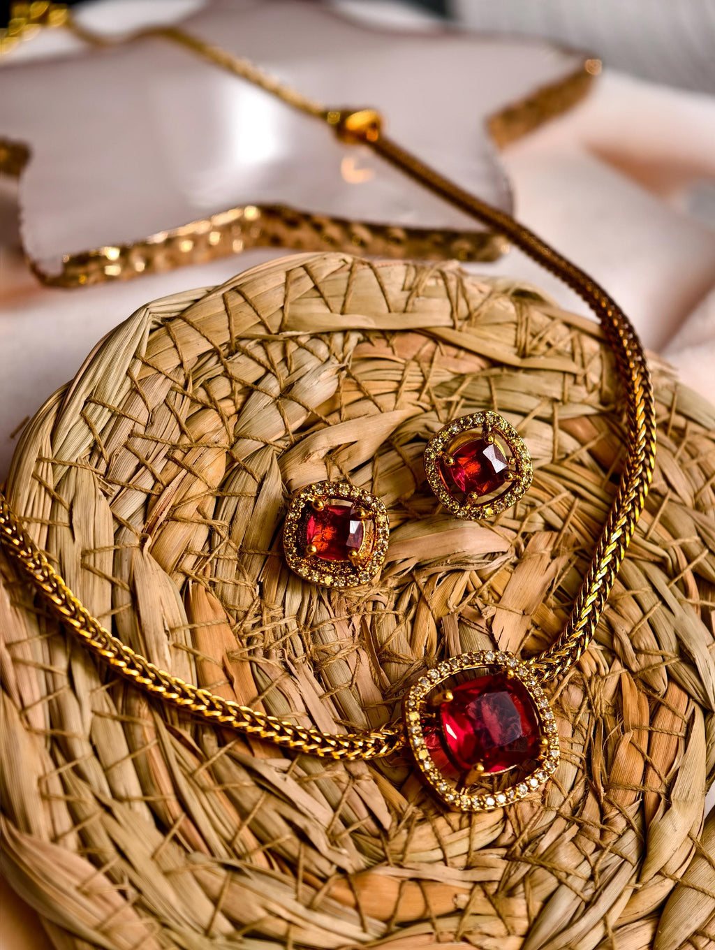 Ruby Red Jewelry Set | Gold Plated Necklace and Stud Earrings