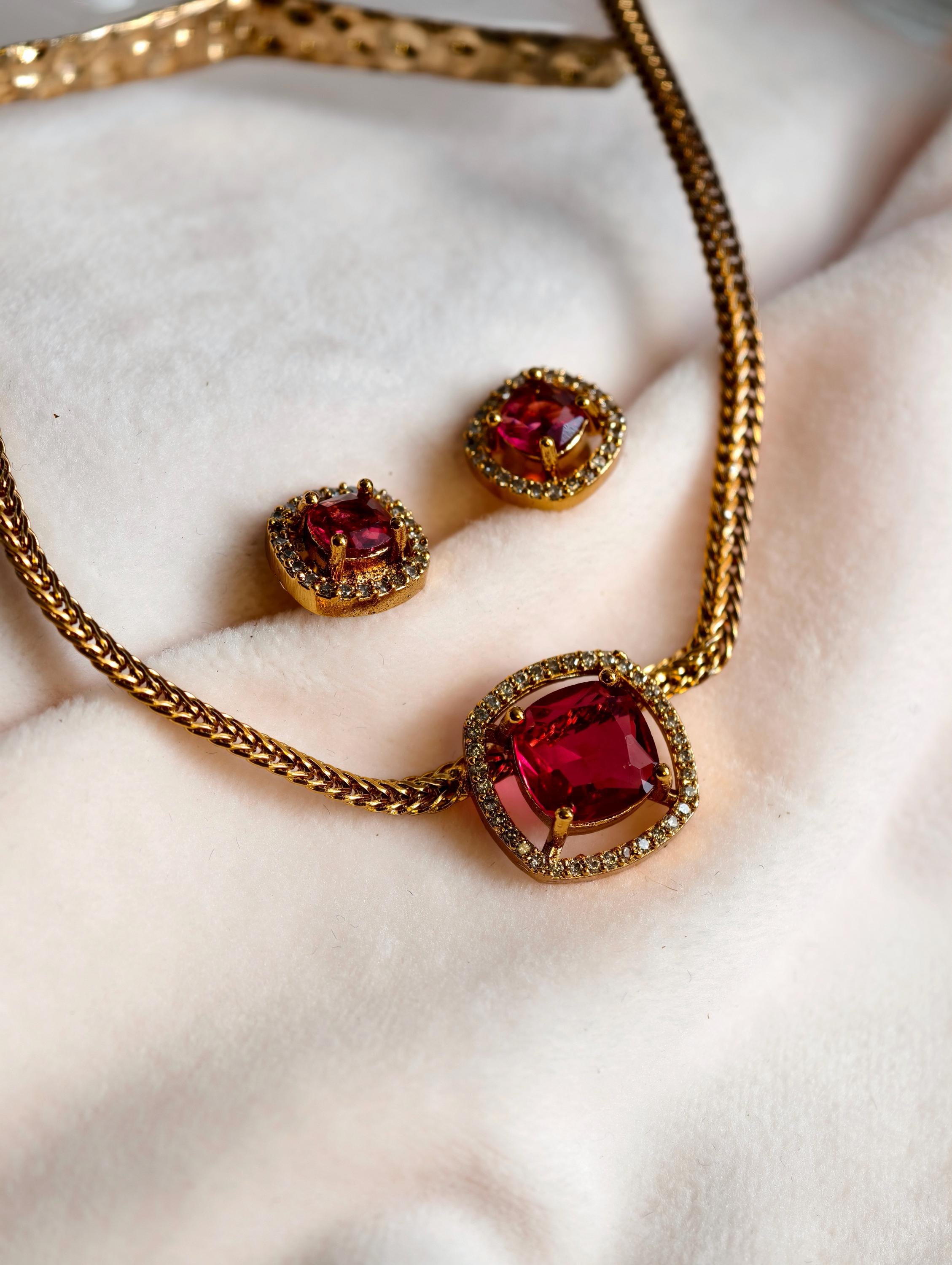 Ruby Red Jewelry Set | Gold Plated Necklace and Stud Earrings